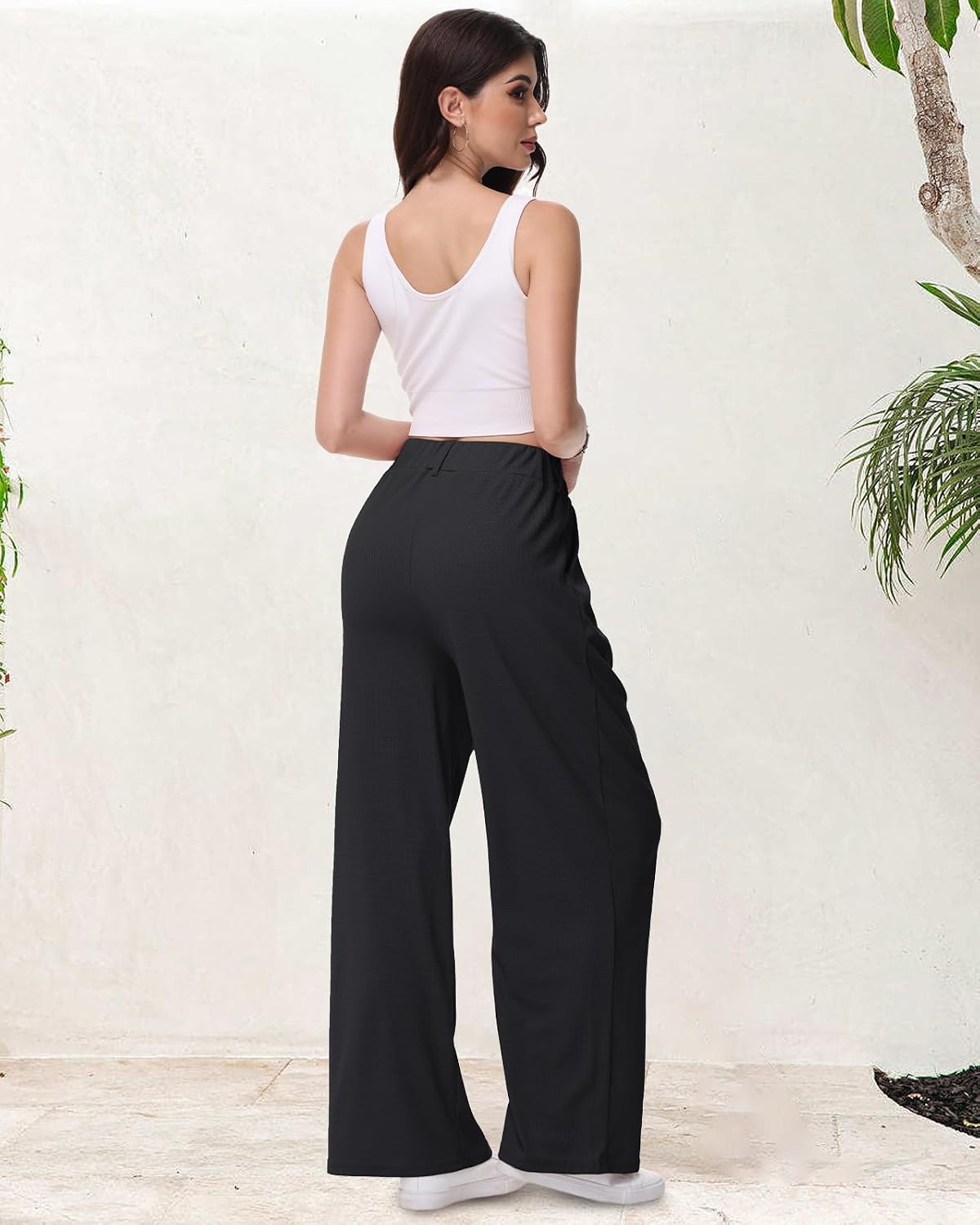 Detalle 2 de HMIYA Weite Hose Damen – büügelfrei, leichte Palazzo Hose mit hoher Taille und Taschen