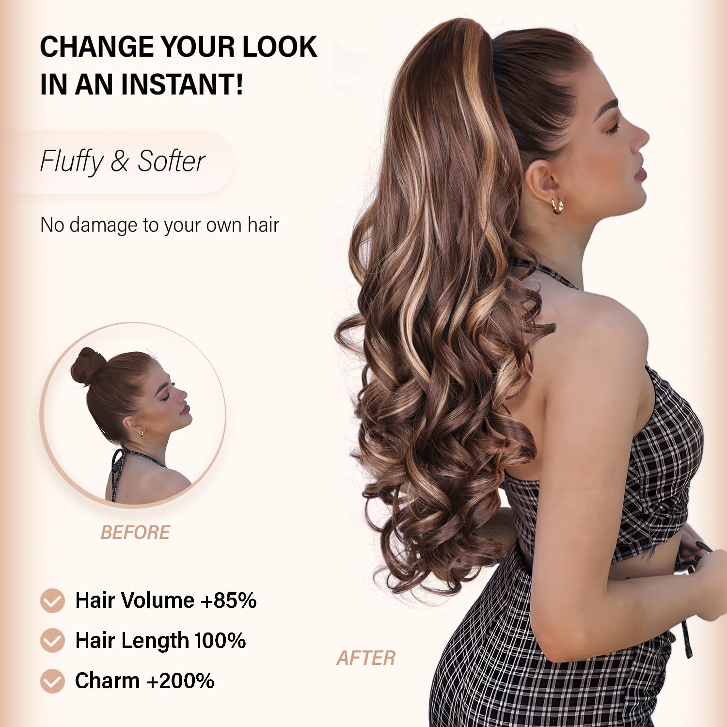 Detalle 2 de 24 Inch Clip-On Ponytail Extension for Women in Chestnut Brown With Golden Highlights