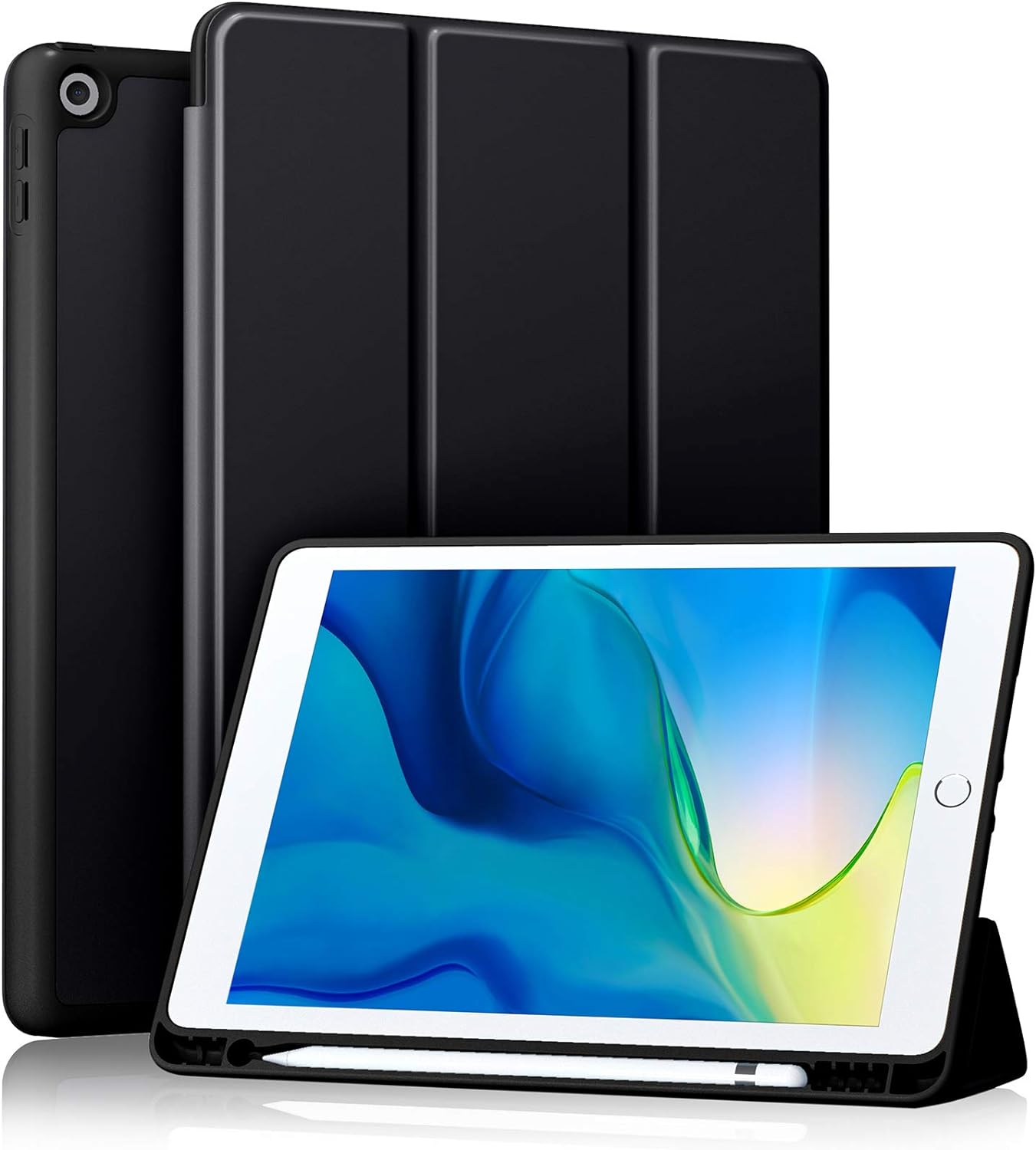 Detalle de Akkerds iPad Case for 10.2-Inch 7th–9th Gen, Black, Pencil Holder & Tri-Fold Stand