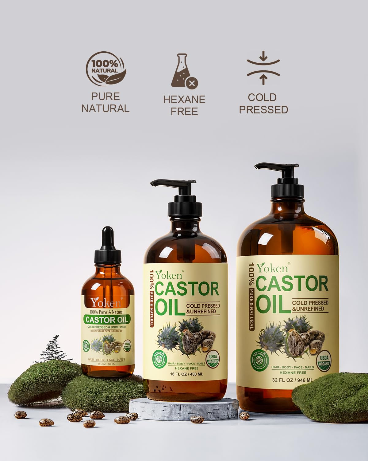 Detalle de Yoken Castor Oil, 4 oz Cold-Pressed Organic Oil with Roller Bottle