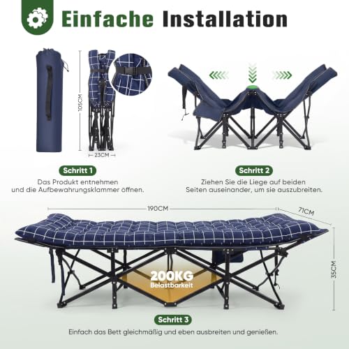 Detalle de Sekey Feldbett Klappbar XXL 190 x 71 x 35 cm – stabil, komfortabel und vielseitig