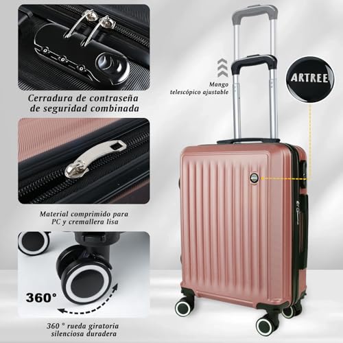 Detalle de ARTREE Maleta de Cabina 55x40x20 cm Oro Rosa | Trolley rígido, 4 ruedas 360°, cerradura y tirador telescópico