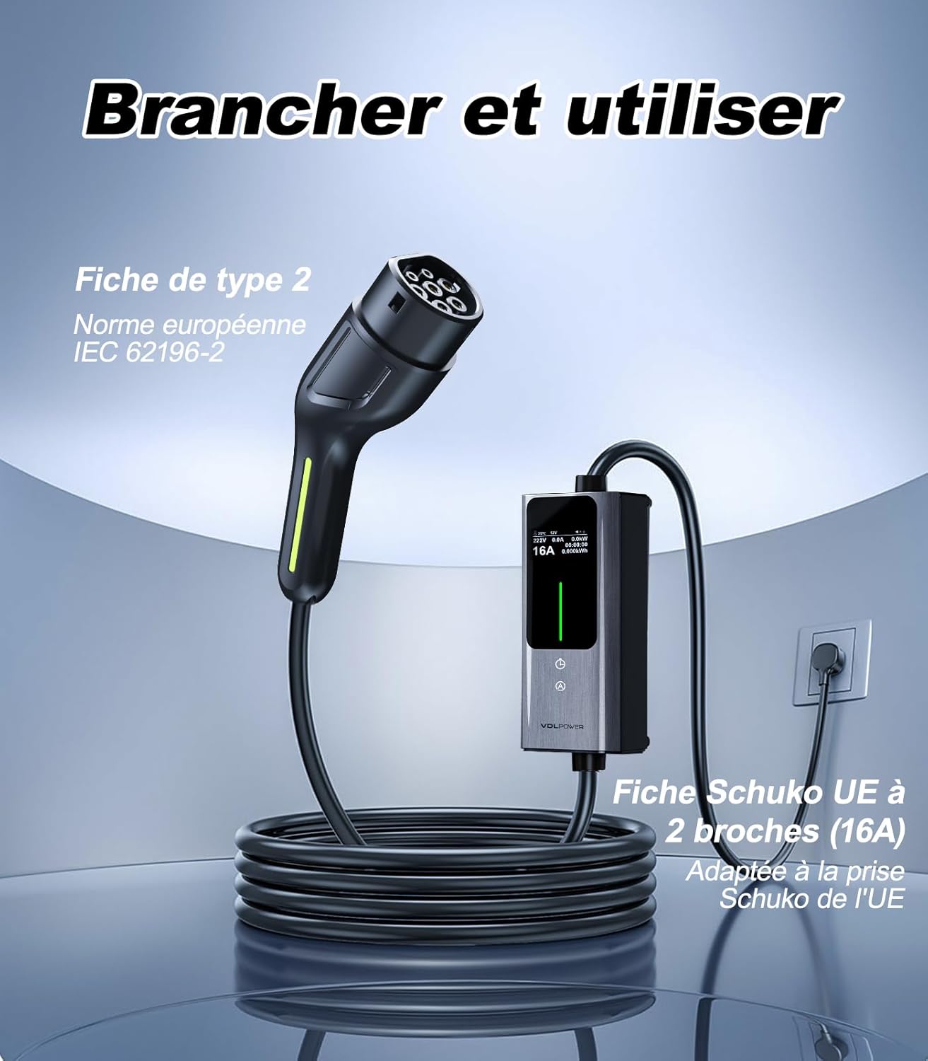 Thumbnail 6 de VDLPOWERVP Chargeur Voiture Électrique 3,6 kW – Type 2, câble 15 m, IP65, courant 6–16 A
