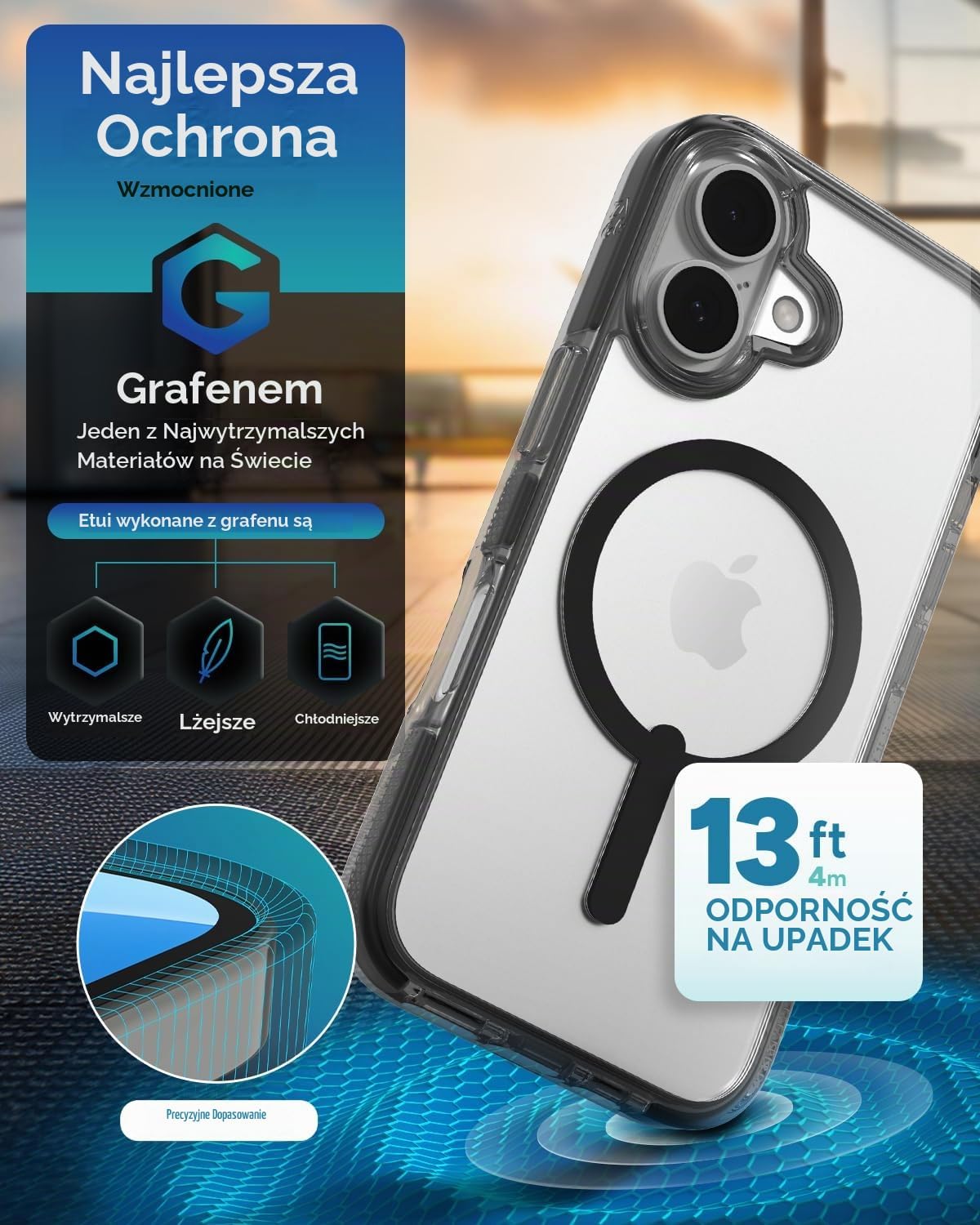 Detalle 2 de ZAGG Santa Cruz Snap – etui do iPhone’a 16, MagSafe, grafen i ochrona do 4 m