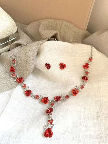 Detalle 2 de ONDEGO Schmuckset Rot Blumen Silber – Collier, Ohrringe und Strass für Hochzeit und Fest