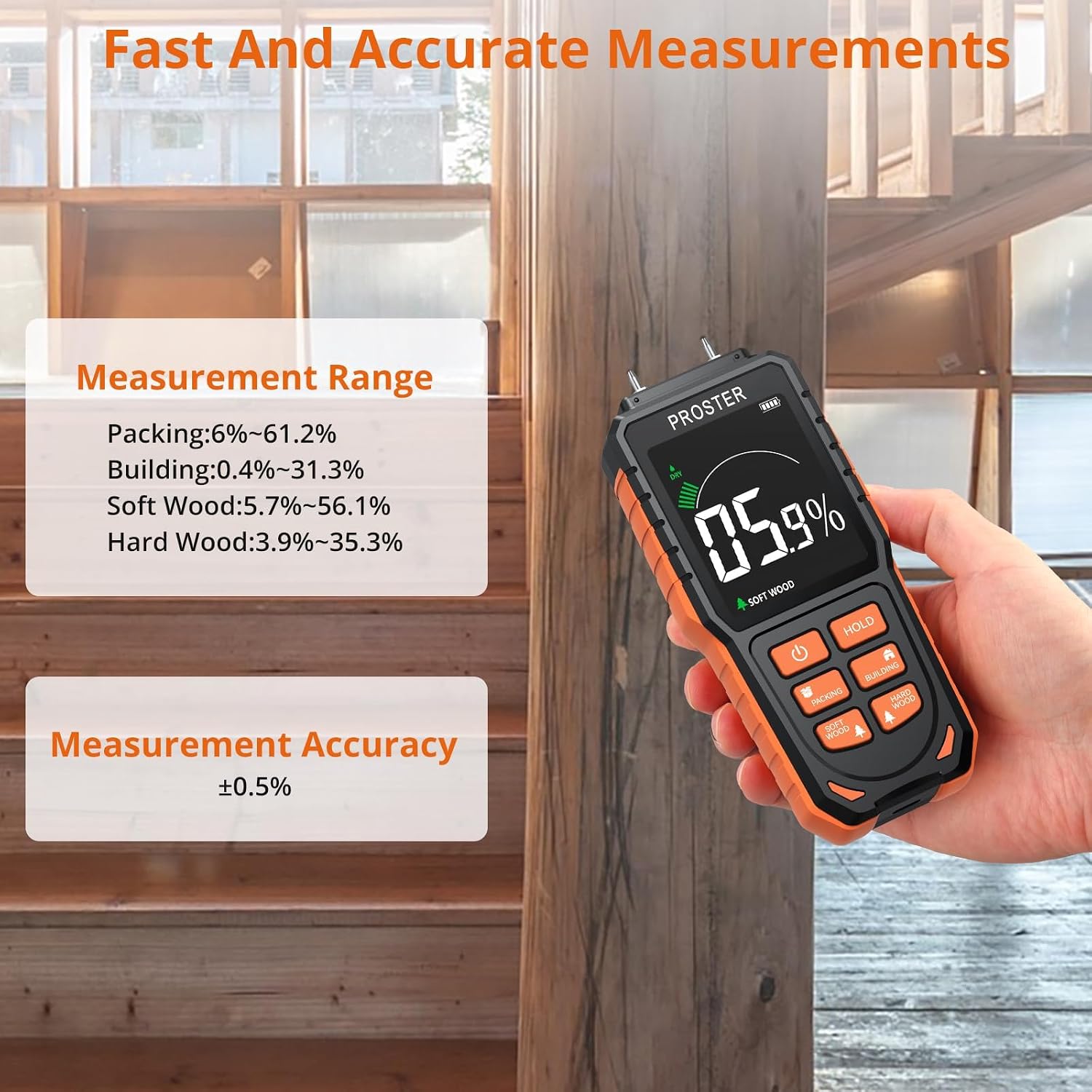 Detalle de Proster Rechargeable Damp Meter for Walls with Tri-Colour Bar Chart