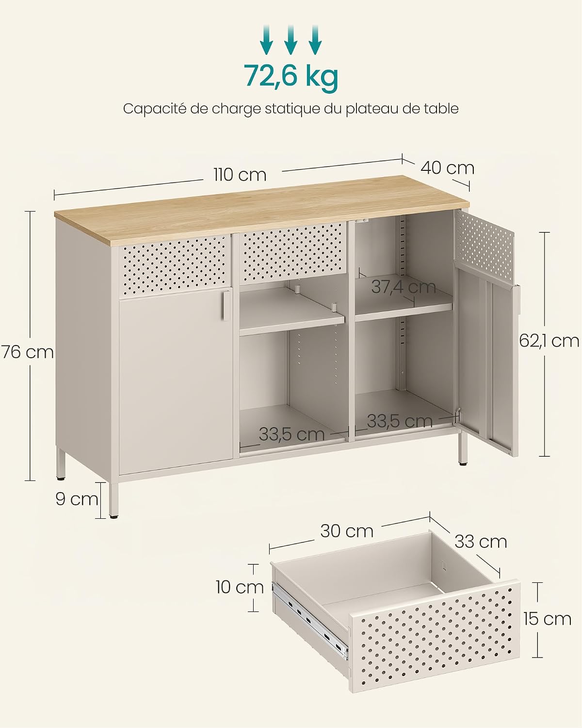 Detalle de SONGMICS Meuble de Rangement Buffet en métal beige sable et chêne
