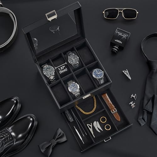 Detalle 2 de ProCase caja para 8 relojes de doble nivel con tapa de cristal, negra