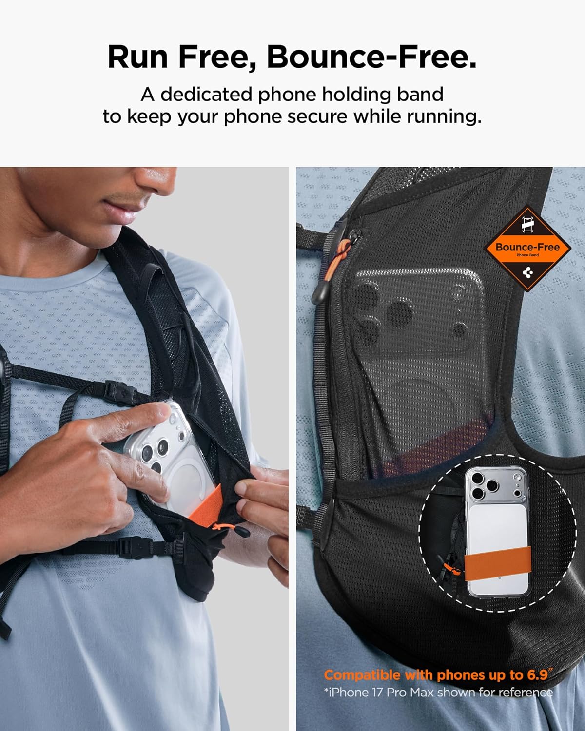Detalle de Spigen A721 Gilet d’hydratation de course avec flasque 500 ml et support téléphone sécurisé (M/L ou L/XL) – Noir
