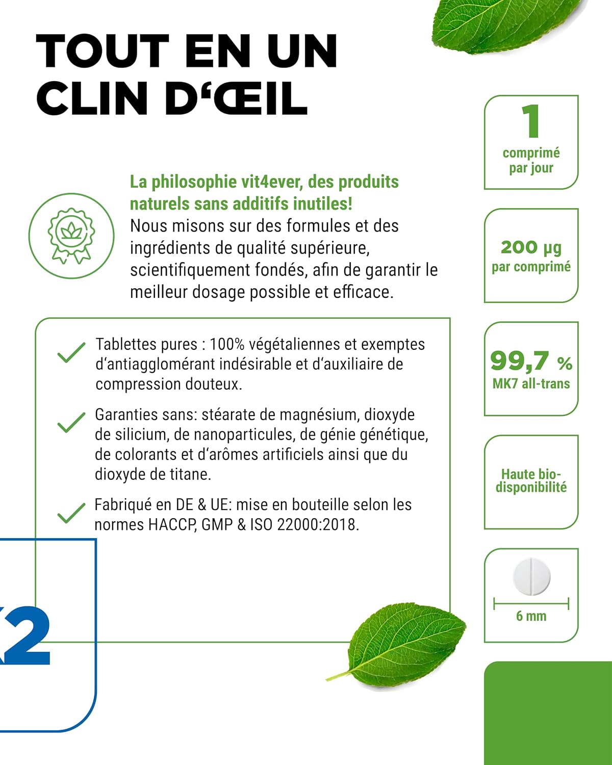 Thumbnail 3 de Vit4ever Vitamine K2 MK7-365 – 200 µg de vitamine K2 (MK-7) par comprimé, 365 comprimés, végane