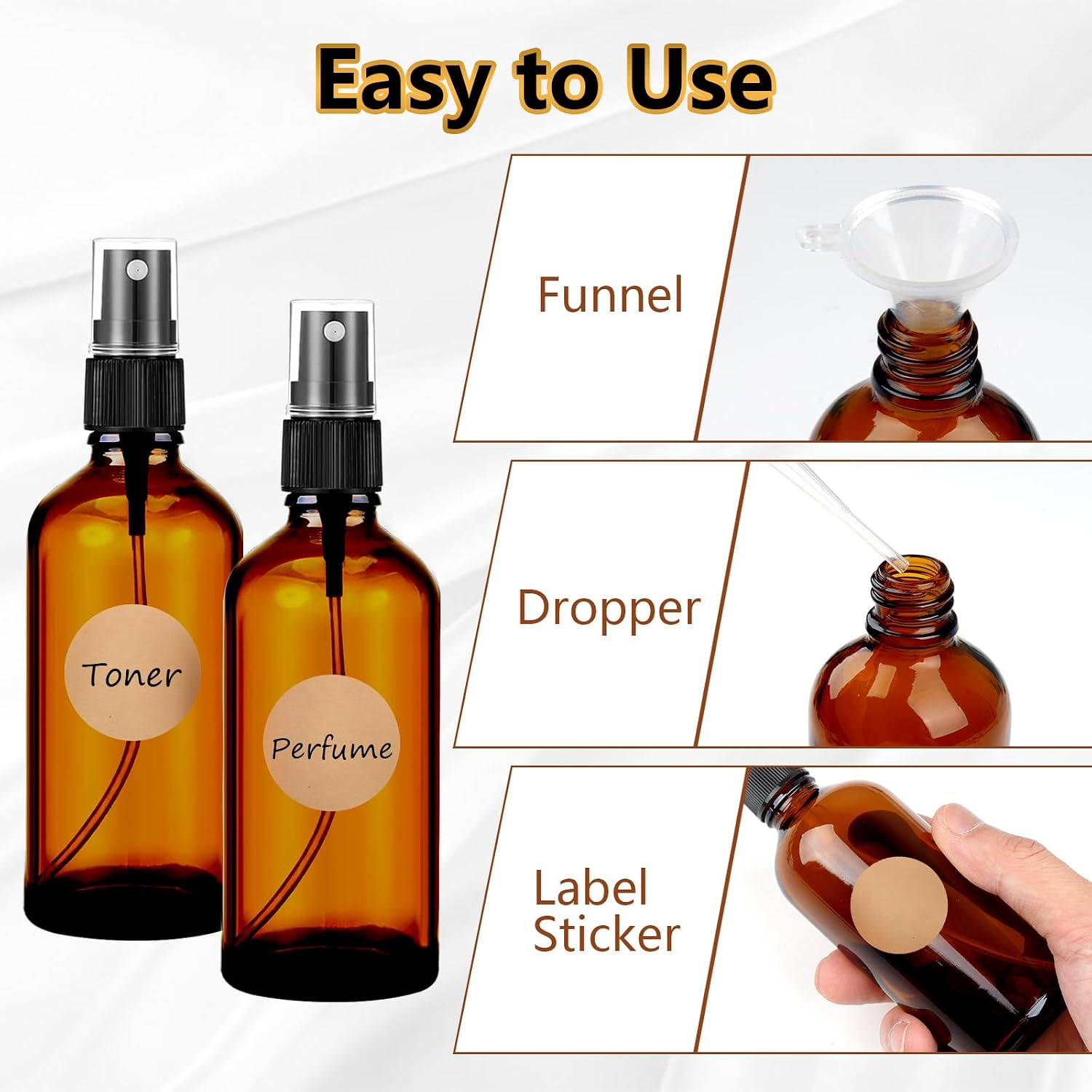 Detalle de Maxmoc 4x 100 ml Braunglas Sprühflaschen-Set mit Trichter, Pipetten, Tropferspitzen und Etiketten
