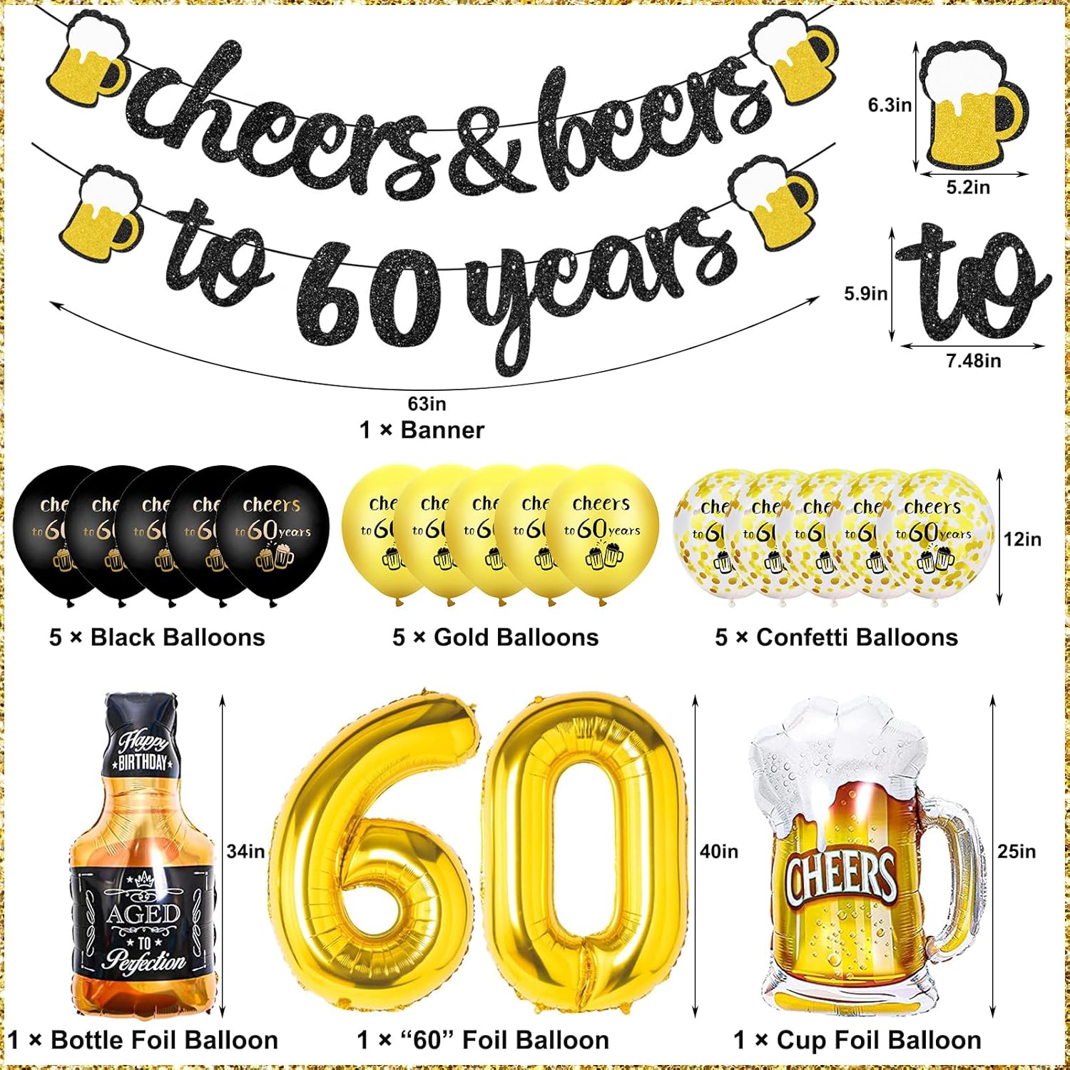 Thumbnail 1 de 60th Birthday Decorations Set in Black & Gold