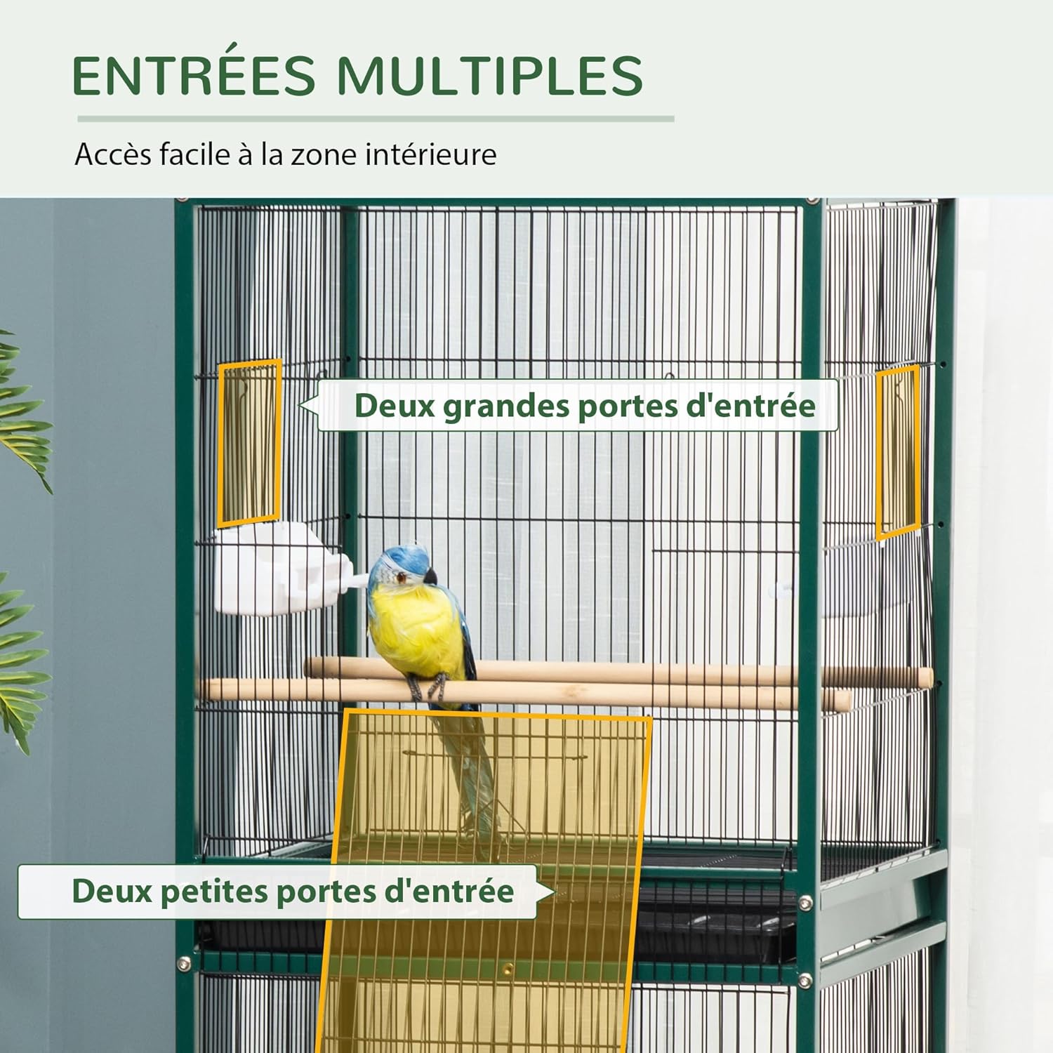 Detalle 2 de PawHut Grande Cage à Oiseaux sur Pied – Volière double avec plateaux amovibles et roulettes