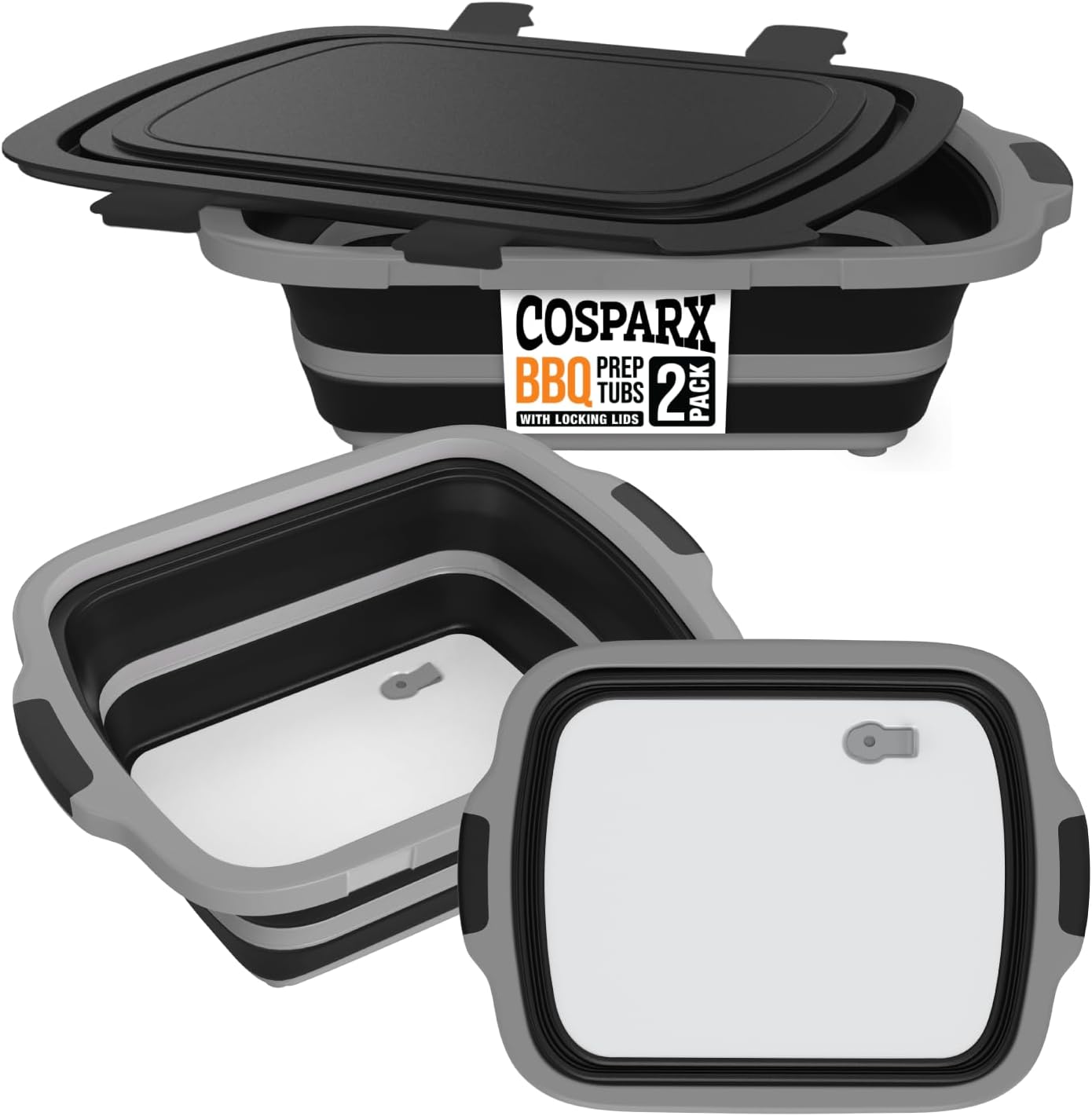 Detalle de 2-Pack XL Collapsible BBQ Prep Tub with Built-In Cutting Board, Lid & Strainer: Marinate, Drain & Prep