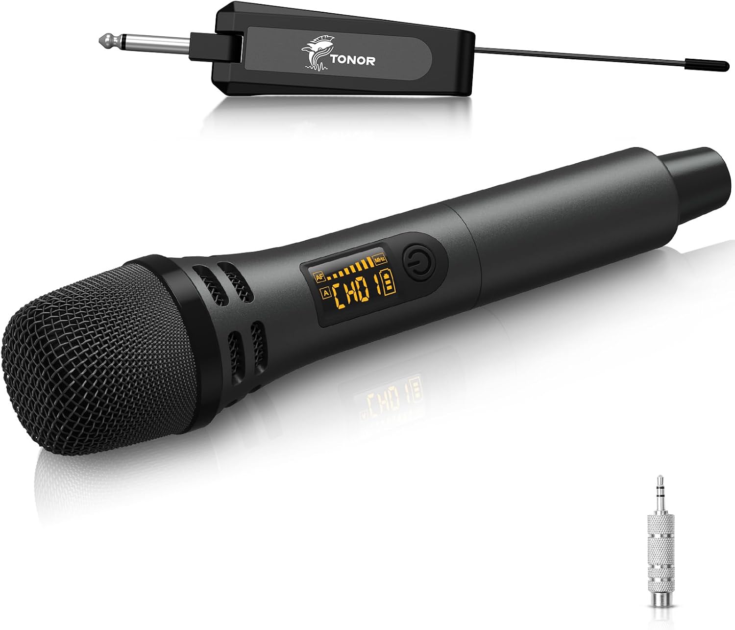 Detalle de TONOR TW310 draadloze UHF-handmicrofoon met oplaadbare ontvanger, 15 kanalen, grijs