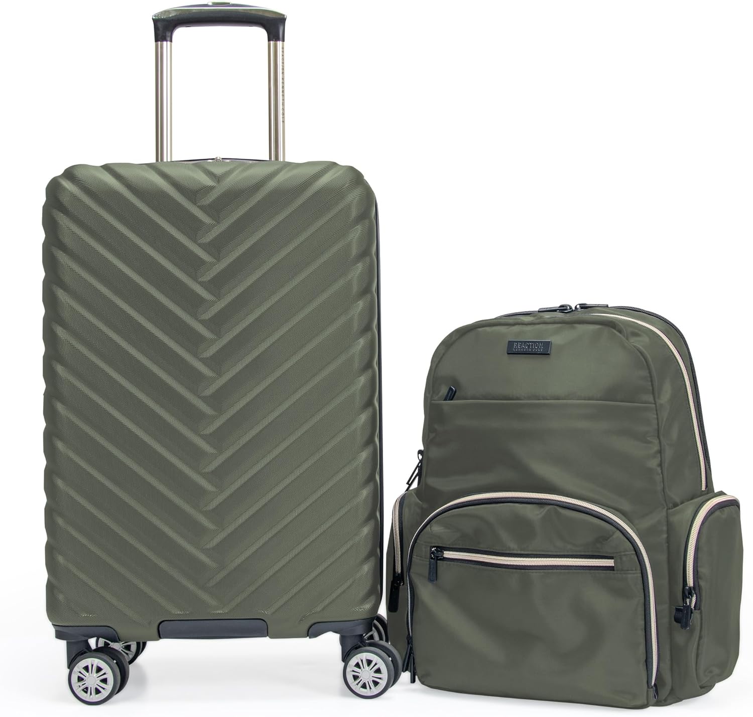 Detalle de Kenneth Cole REACTION Madison Square Lightweight Hardside Chevron Expandable Spinner Luggage Olive 2-Piece (20" Carry On + Sophie Backpack)