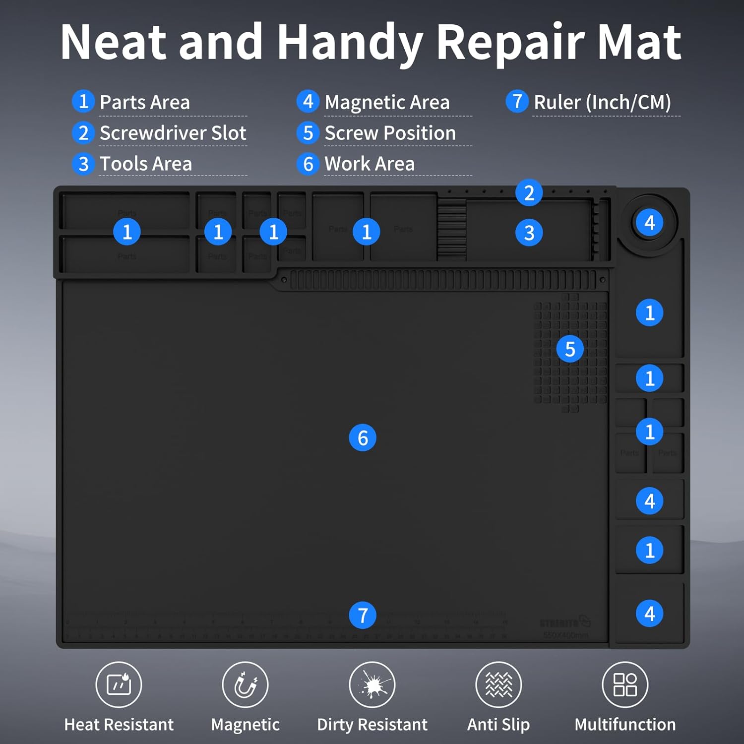 Thumbnail 4 de STREBITO Soldering Mat Large (21.7" x 15.8") with Magnetic Screw Zones, Heat-Resistant Silicone Up to 932°F