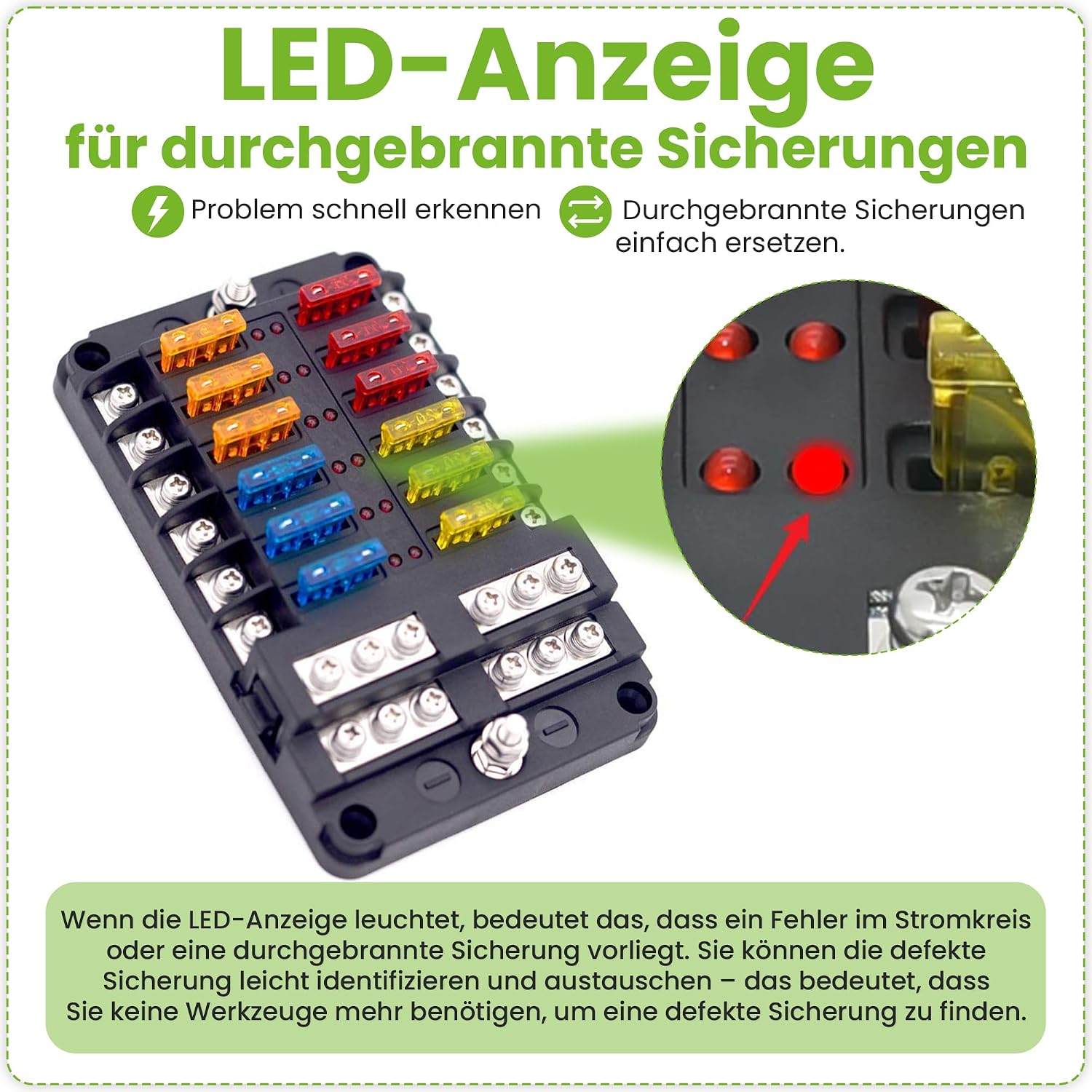 Thumbnail 3 de Offgridtec 12-fach Sicherungshalter mit LED-Anzeige, LED-Fehlererkennung und PBT-Gehäuse (inkl. 24 Flachsicherungen)