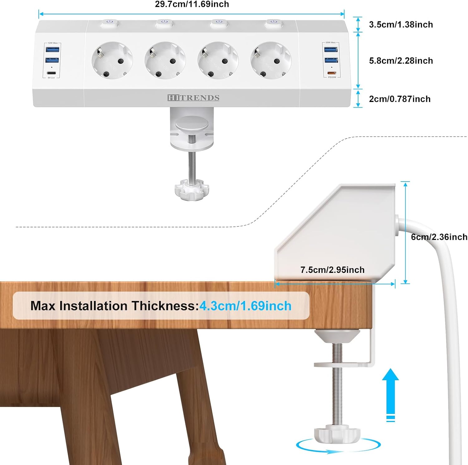 Thumbnail 4 de HITRENDS 4 Prises de Table-Blanc tafelstopcontact met USB en 4 schakelaars