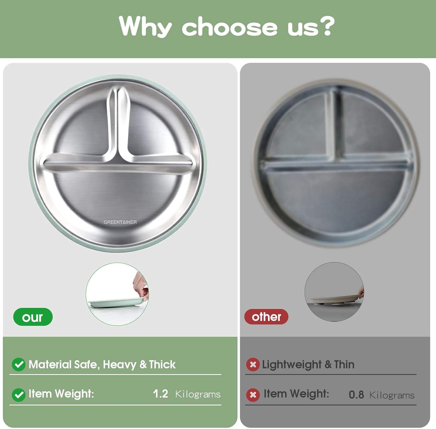 Thumbnail 3 de Greentainer 3 Pack Stainless Steel Plate with Suction Base (BPA-Free) – Divided Toddler Feeding Set for Baby-Led Weaning