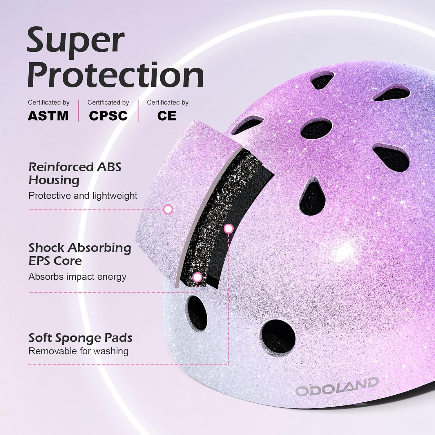 Detalle de Odoland Kids Bike Helmet for Ages 3-8 — Multi-Sport Sparkle Design, Adjustable Fit 48-54 cm