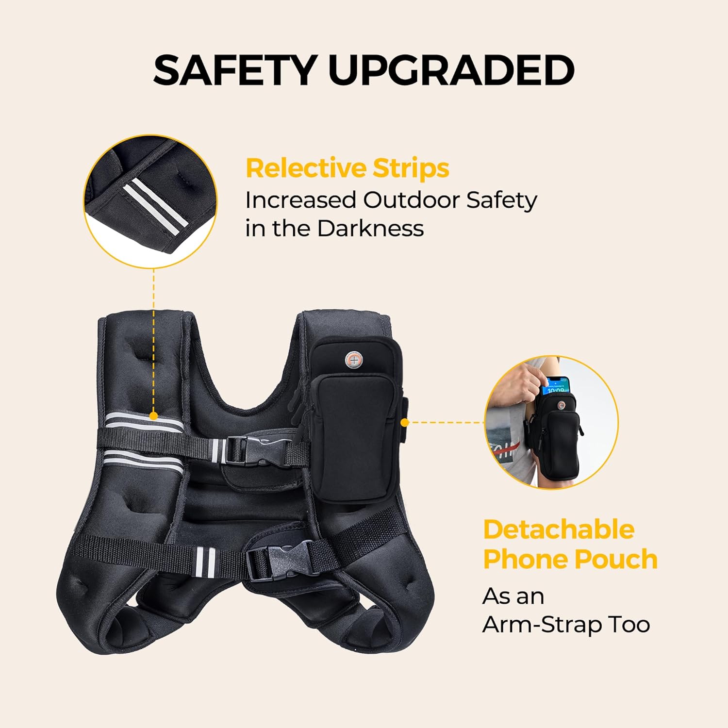Detalle de PACEARTH Weighted Vest (6–30 lb) with Reflective Stripe, Odor-Free Lycra and Phone Pouch