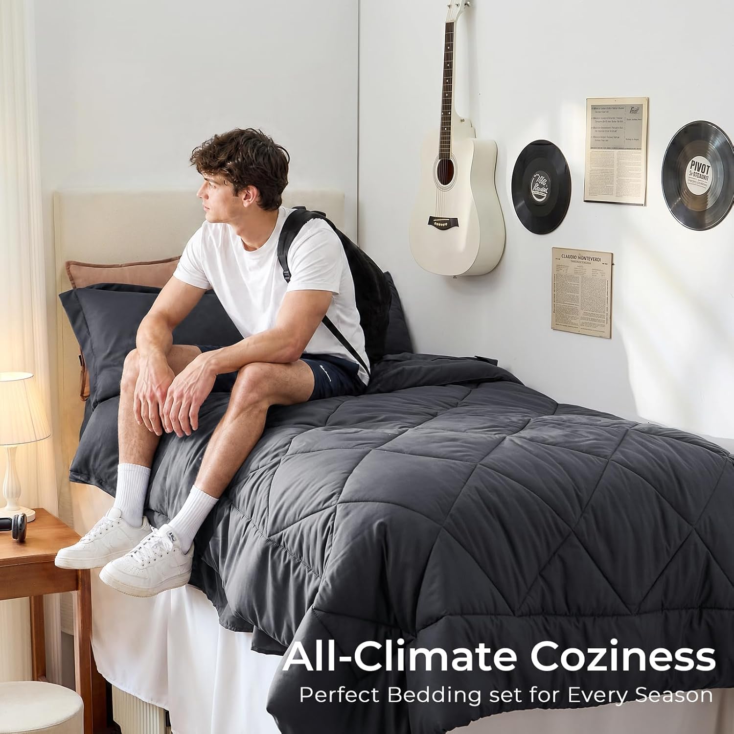 Detalle de HEVUMYI Twin Comforter Set - 5-Piece All Season Bed in a Bag (Twin, Dark Grey)