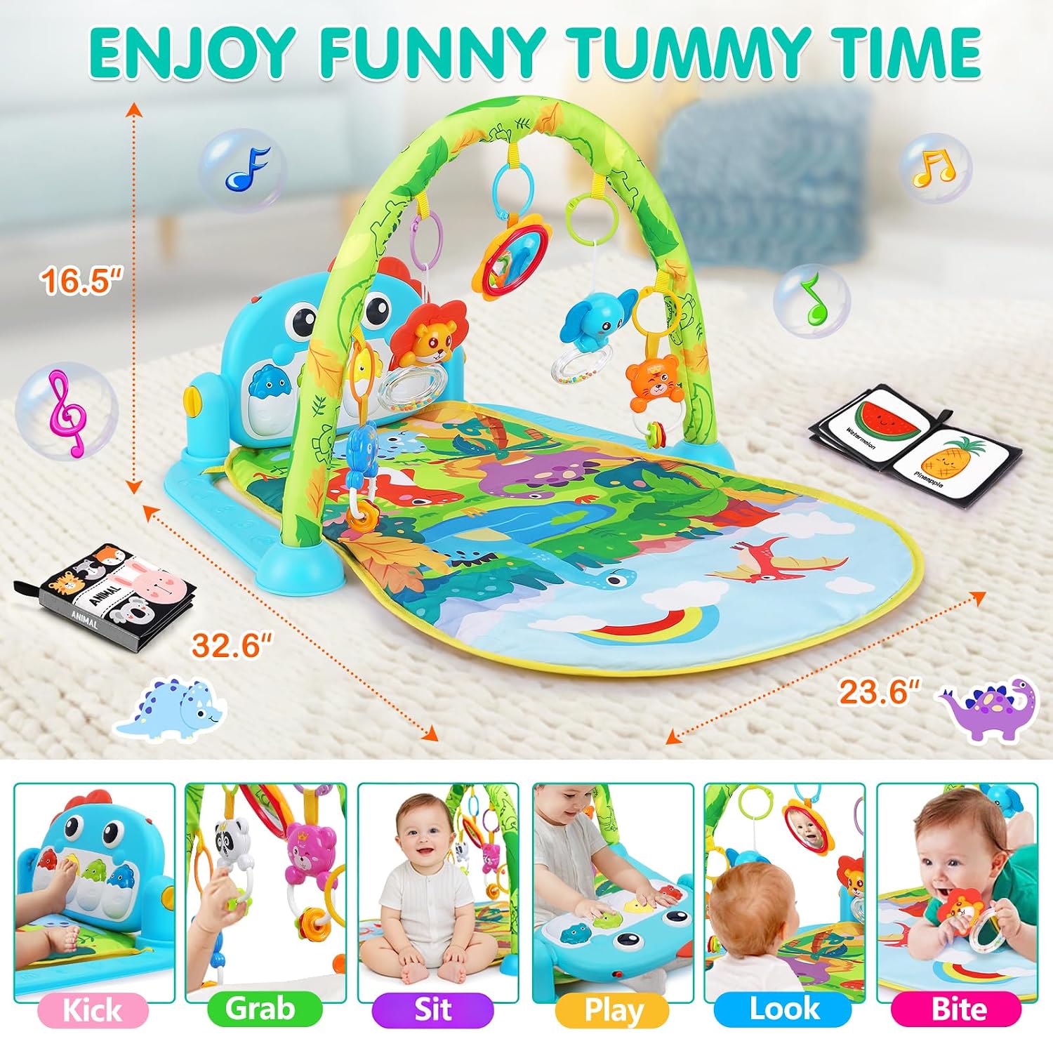 Thumbnail 1 de UMIKU Green Dinosaur Baby Play Mat with Piano, Contrast Books & Hanging Toys