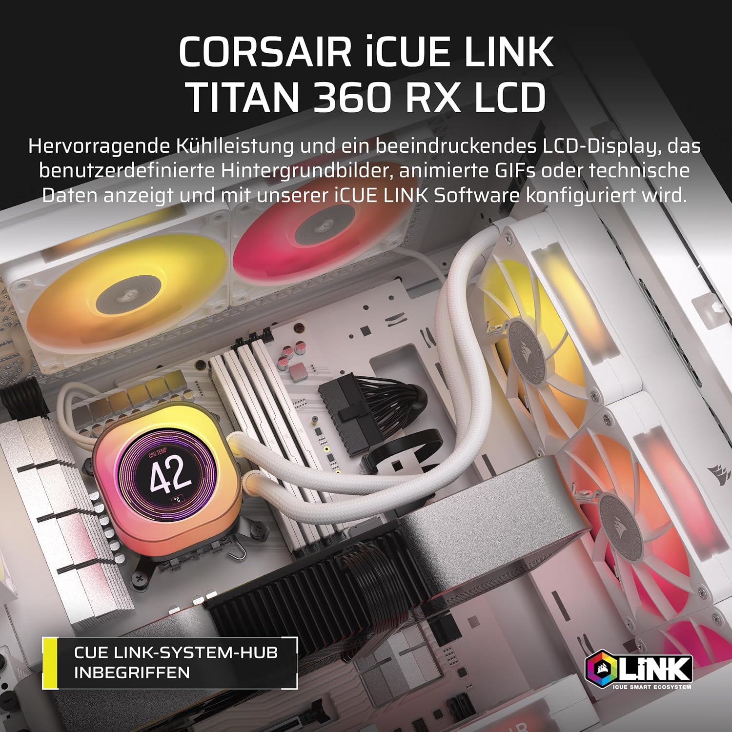 Detalle de Corsair iCUE LINK Titan 360 RX LCD CPU-Flüssigkeitskühler – 360 mm, inkl. iCUE LINK-Hub, RX RGB-Lüfter