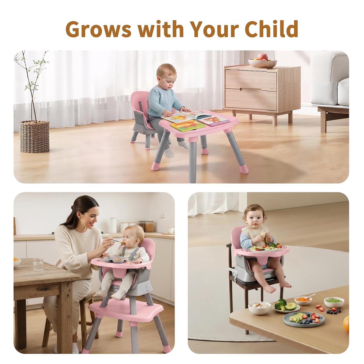 Detalle de MiniKins 7-in-1 Convertible High Chair, Pink, Removable Tray