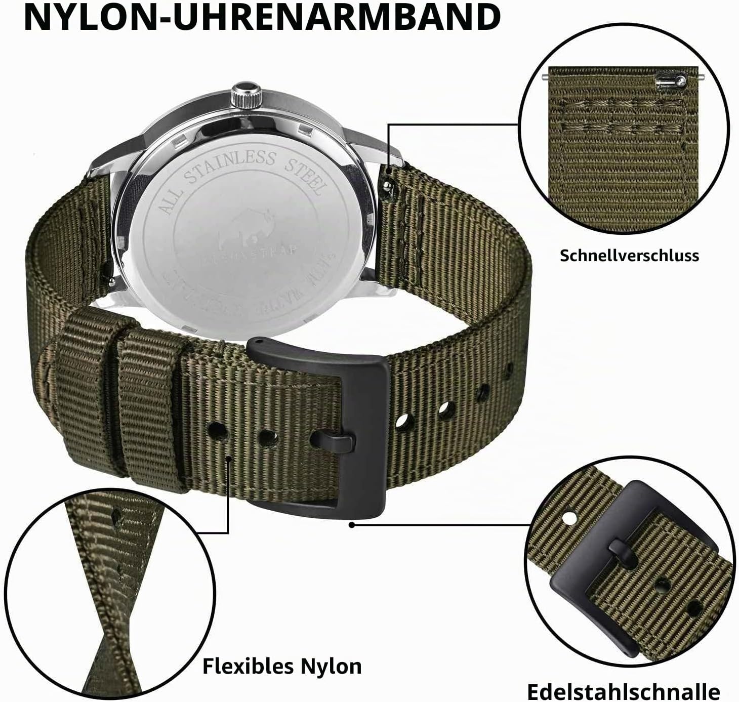 Detalle de BISONSTRAP Nylon Armband für Herren — Zweiteilig, Schnellverschluss, 18–22 mm