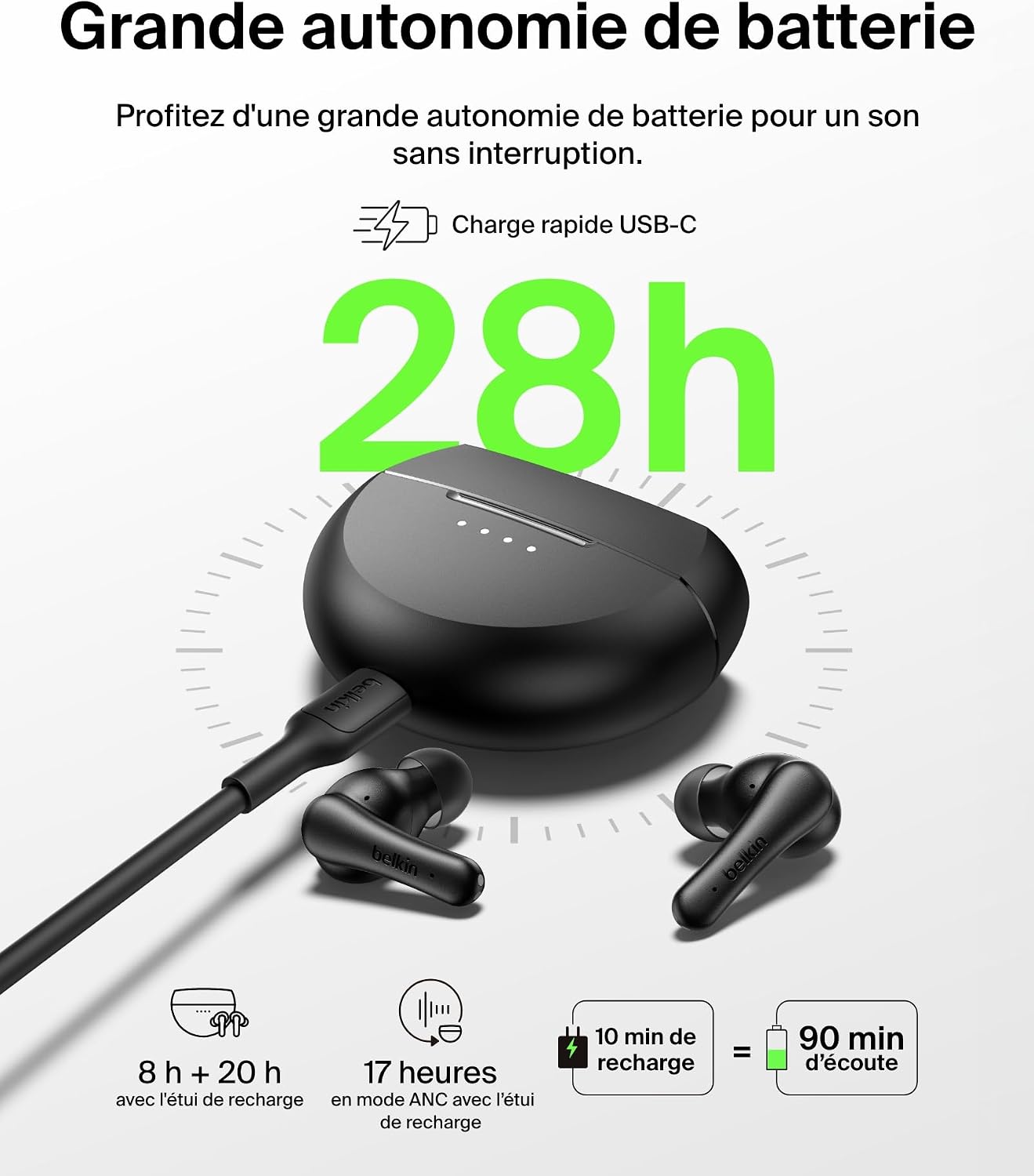 Detalle de Belkin SoundForm Rhythm True Wireless-oordopjes met ANC, multipoint en 28 uur batterijduur
