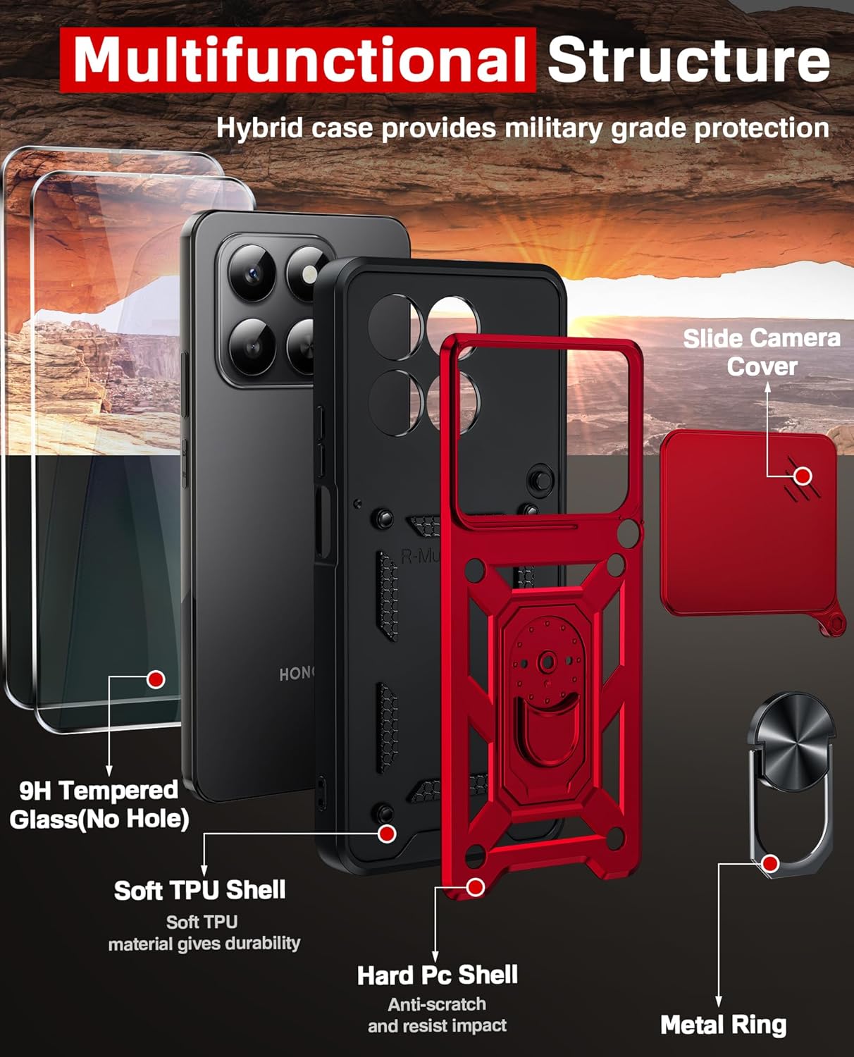 Thumbnail 2 de LeYi rugged case for Honor 400 Smart 5G with sliding camera cover, ring stand & screen protectors