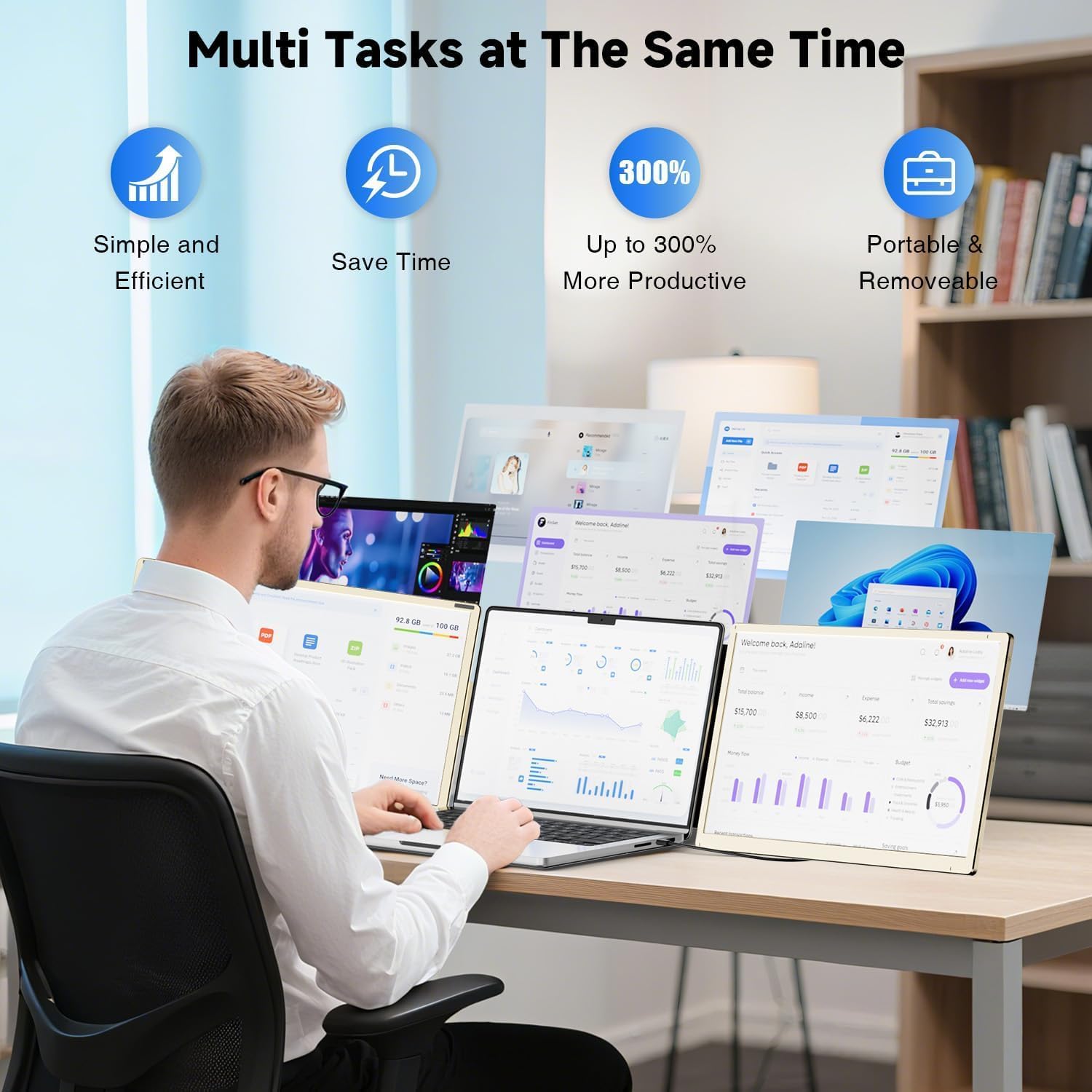 Thumbnail 3 de KEFEYA 15.6-Inch Laptop Screen Extender (Triple Portable Monitor), FHD 1080P, 120% sRGB, 235° Rotation