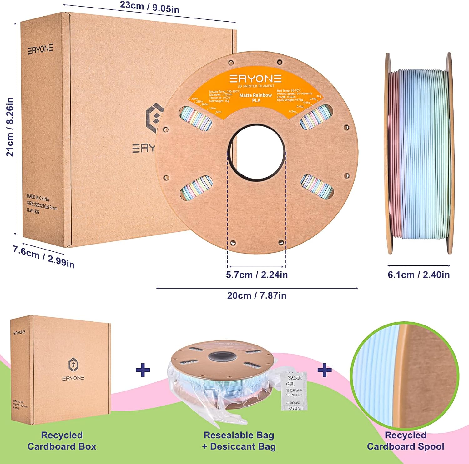 Detalle de Matte Rainbow PLA Filament 1,75 mm von ERYONE – multicolor frosted Gradient für FDM-Drucker (1 kg)