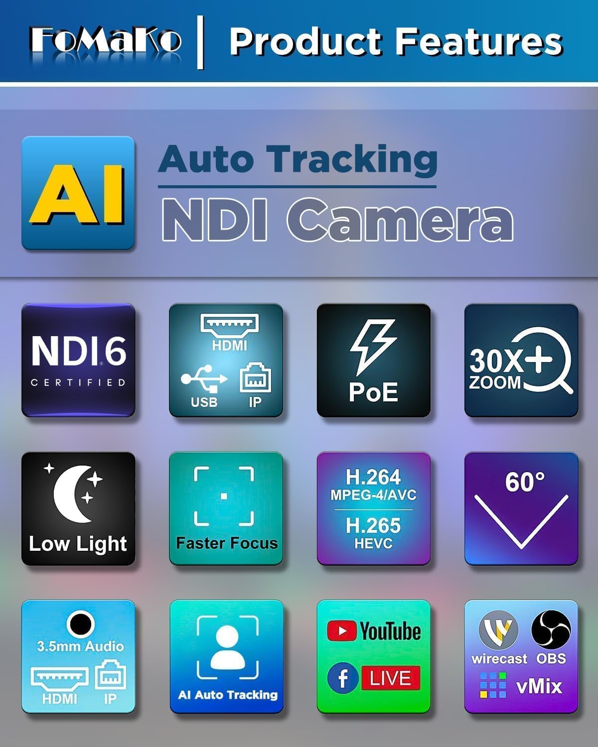 Detalle de FoMaKo Caméra NDI HX3 PTZ avec suivi IA — 20x zoom, 1080p60, PoE, NDI 6 certifiée