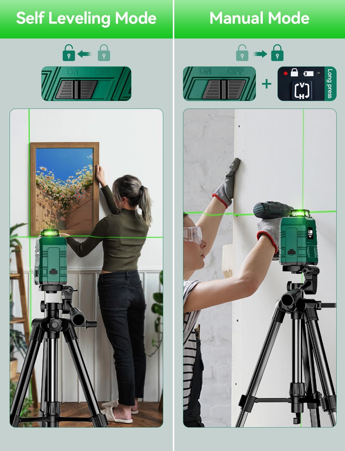 Detalle 2 de RockSeed green laser level with adjustable 1.2m tripod (1×360° horizontal, 1×150° vertical)