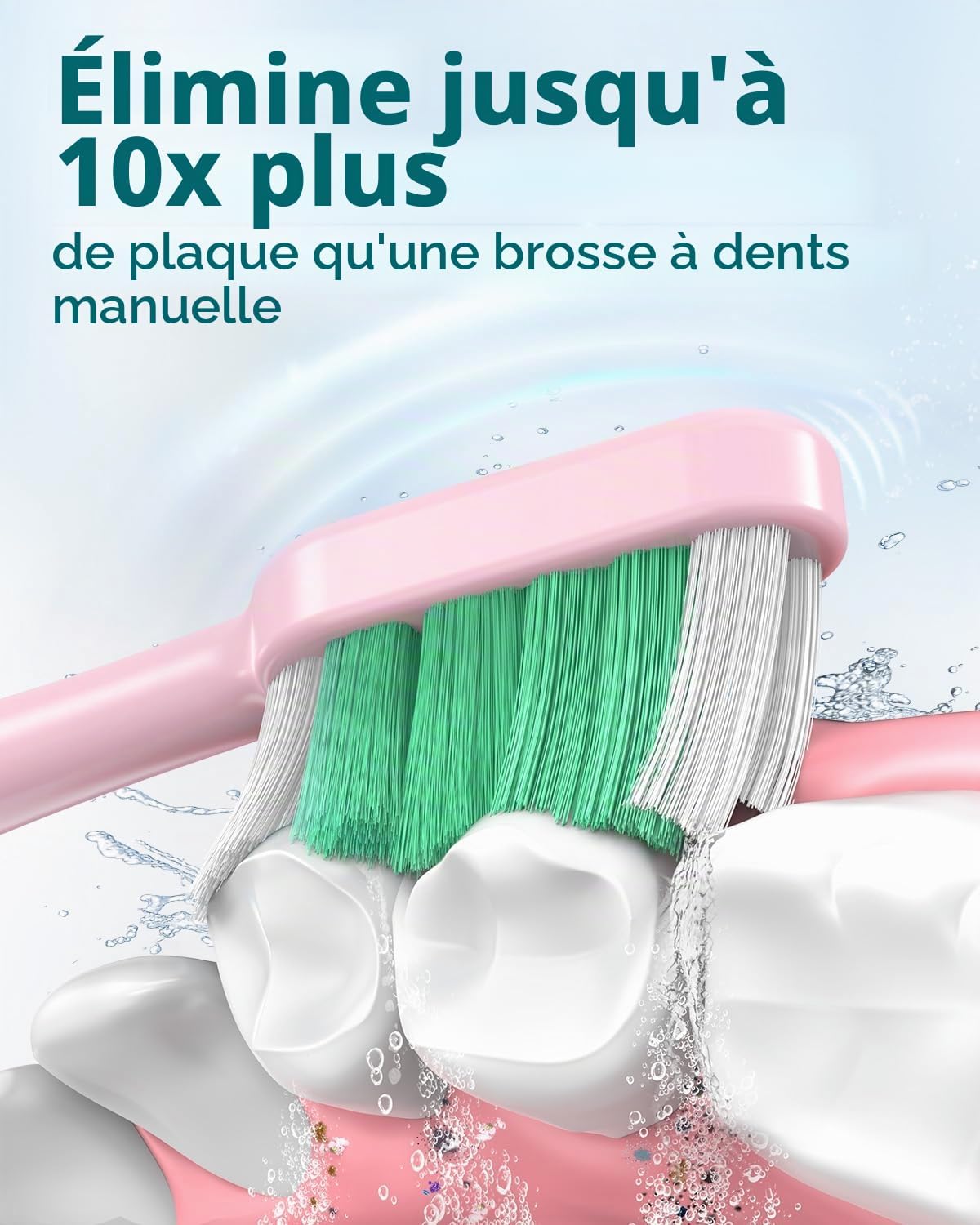 Detalle 2 de Brosse à dents électrique sonique pour dents sensibles (adultes & enfants) Rose Bonbon — 5 modes, 8 têtes et étui de voyage, IPX7