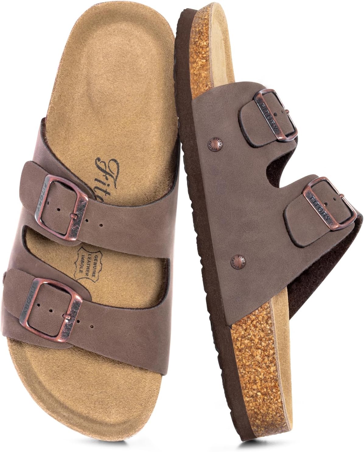 Detalle 2 de FITORY Damen Pantoletten mit Kork-Fußbett – Verstellbare Riemen, Leder, bequeme Sommerschlappen