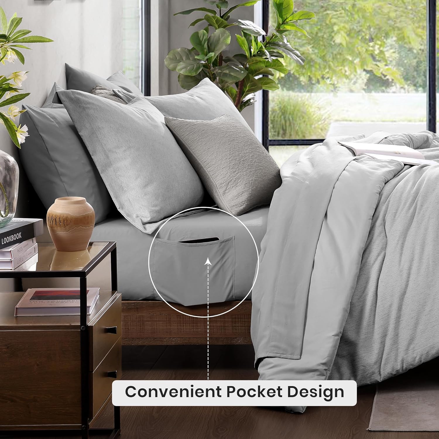 Thumbnail 3 de Monbix Queen Comforter Set - 7 Pieces with Cationic-Dyed Light Grey Bedding