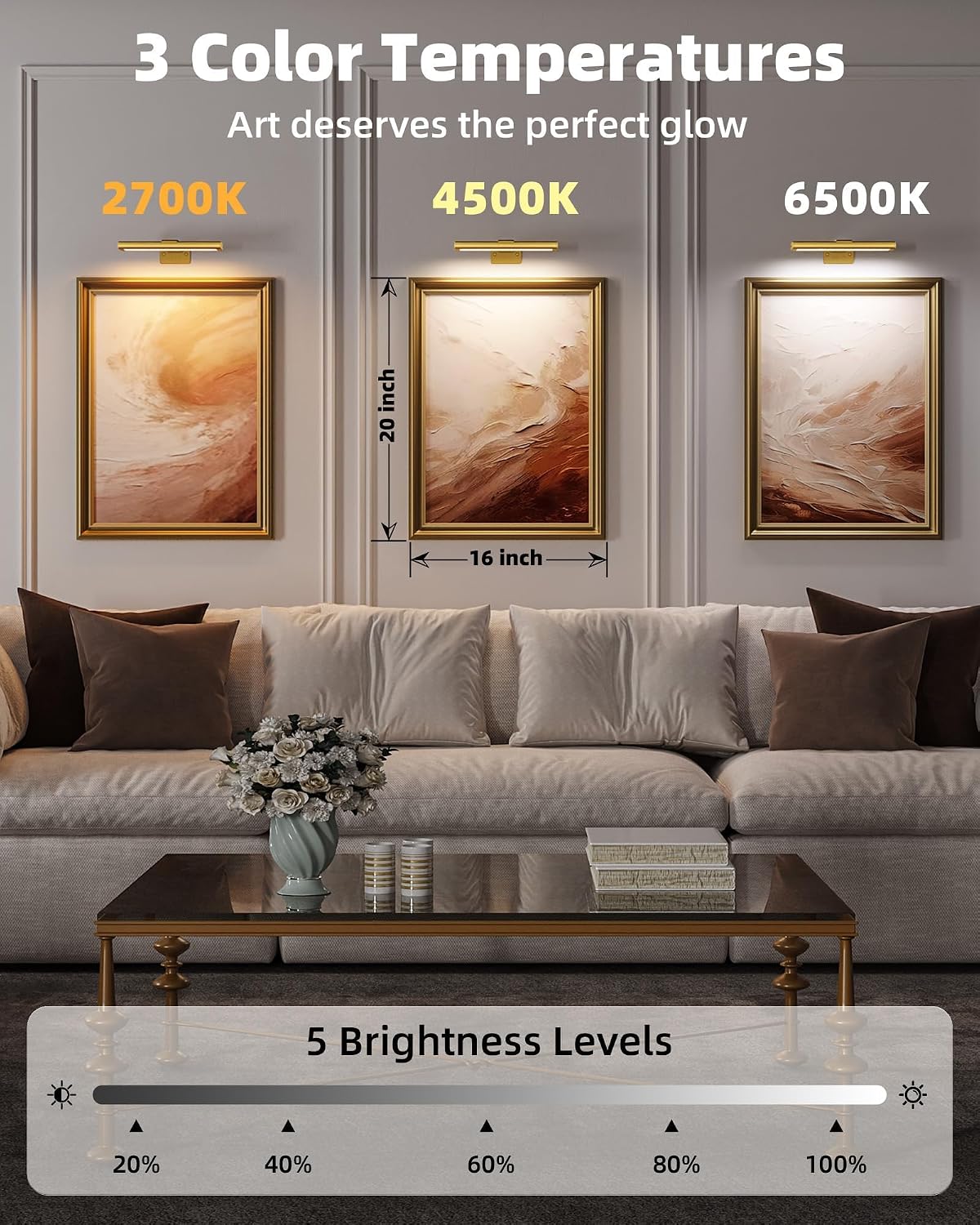 Detalle 2 de EZVALO PL01 Picture Lights, 3-Pack, 7.8-Inch Gold Rechargeable LED Wall Lights