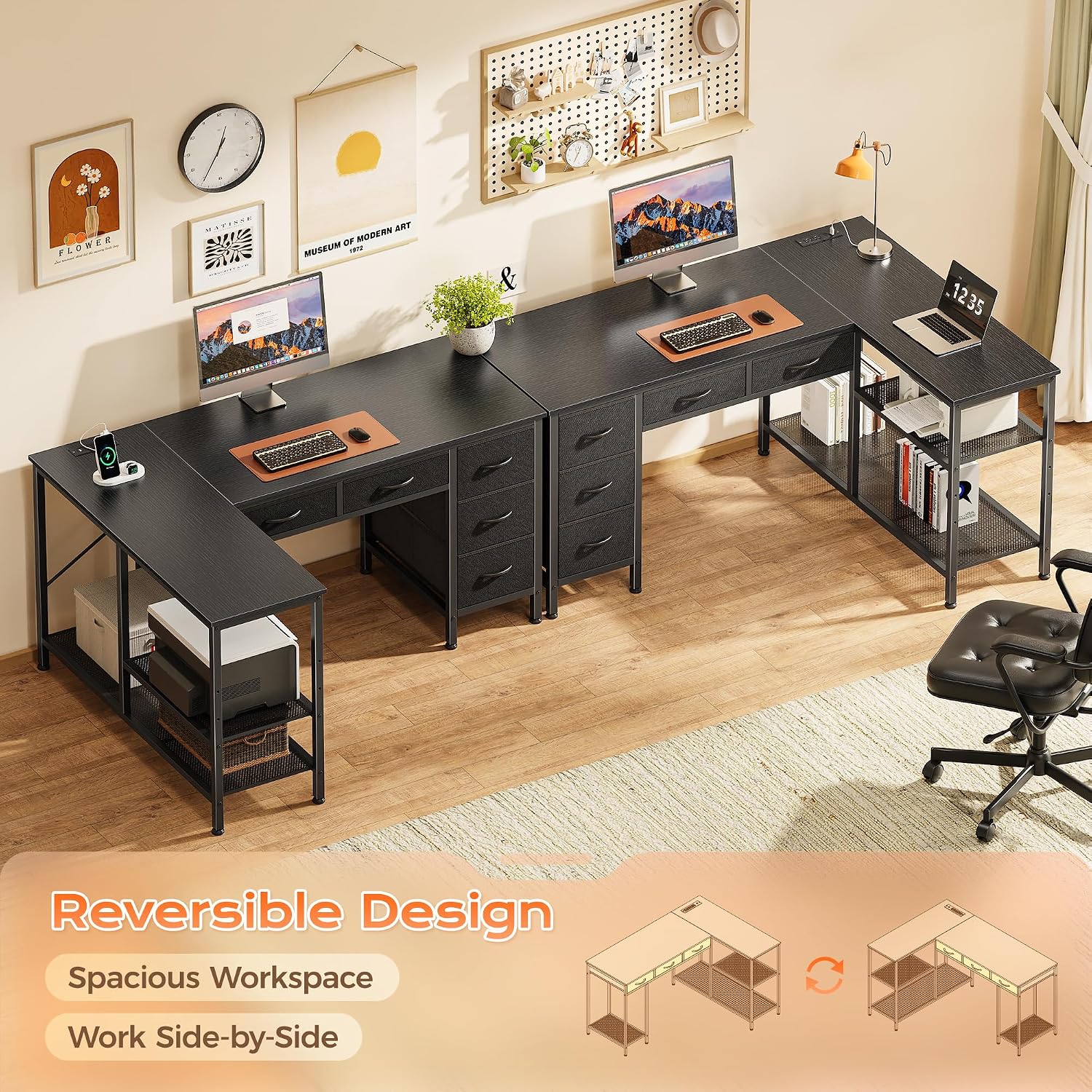 Detalle 2 de PRAISUN 47-Inch L-Shaped Desk with Power Outlets, USB-C, 5 Fabric Drawers
