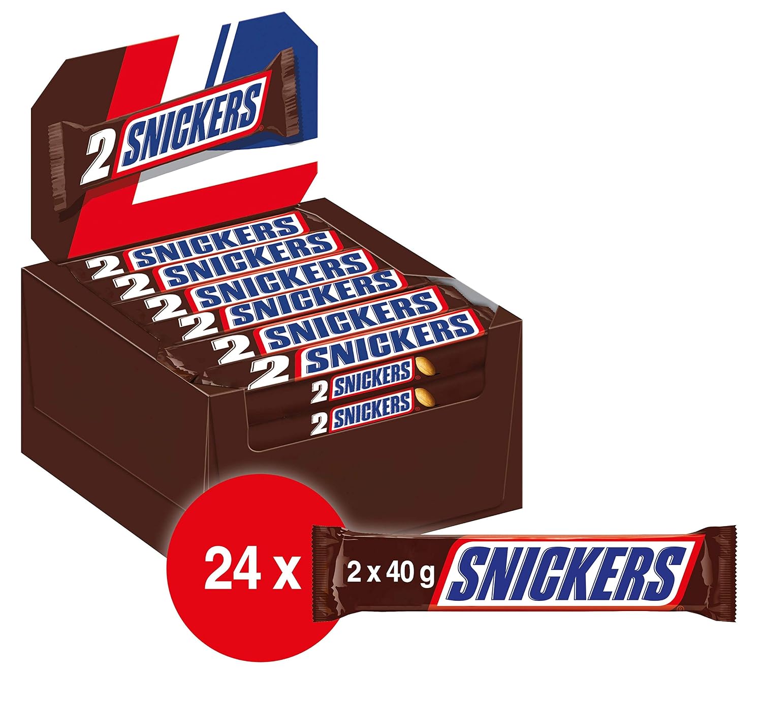 Detalle de Snickers Schokoriegel – Erdnüsse, Karamell, Fußball Snack, 24 Doppelriegel (24 x 2 x 40 g) – idealer Snack für Fußballfans