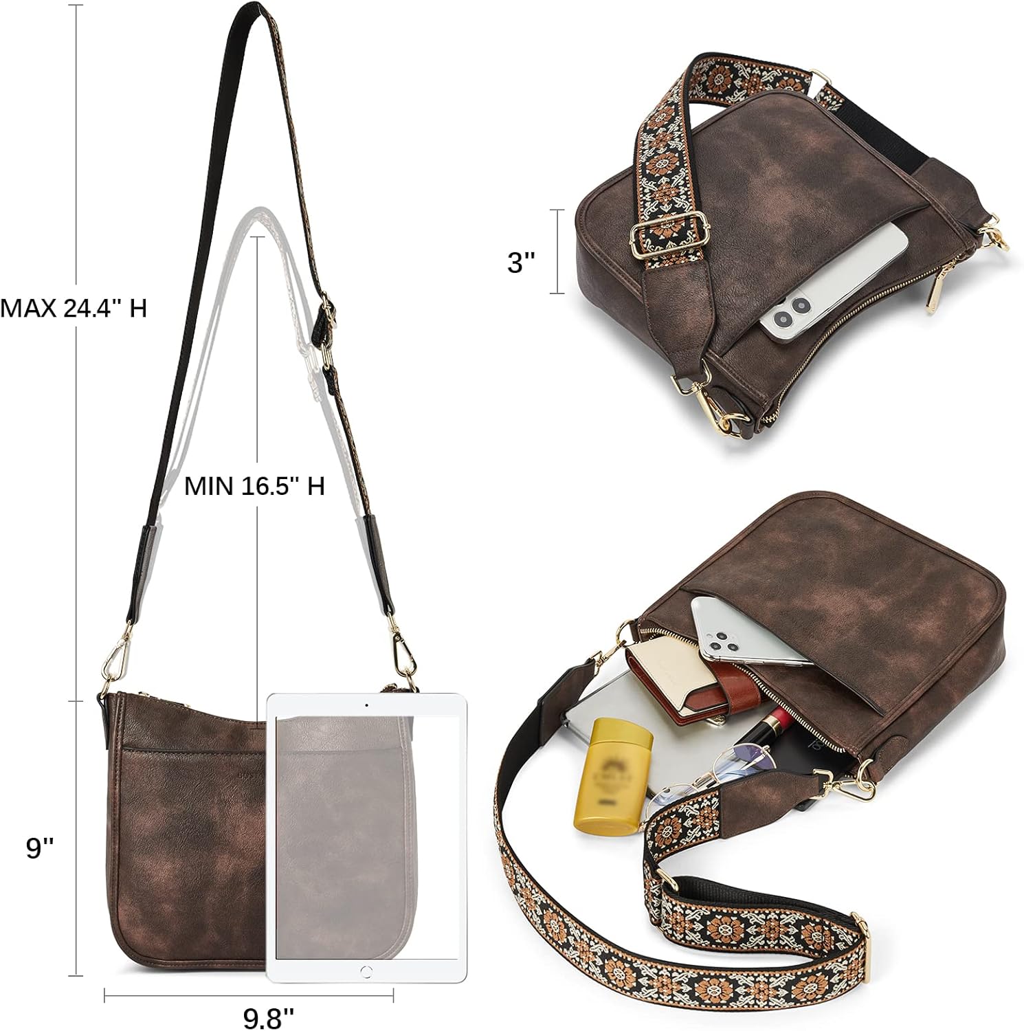 Thumbnail 3 de BOSTANTEN Crossbody Bags for Women – Vegan PU Leather Hobo with Wide 5cm Strap in Coffee
