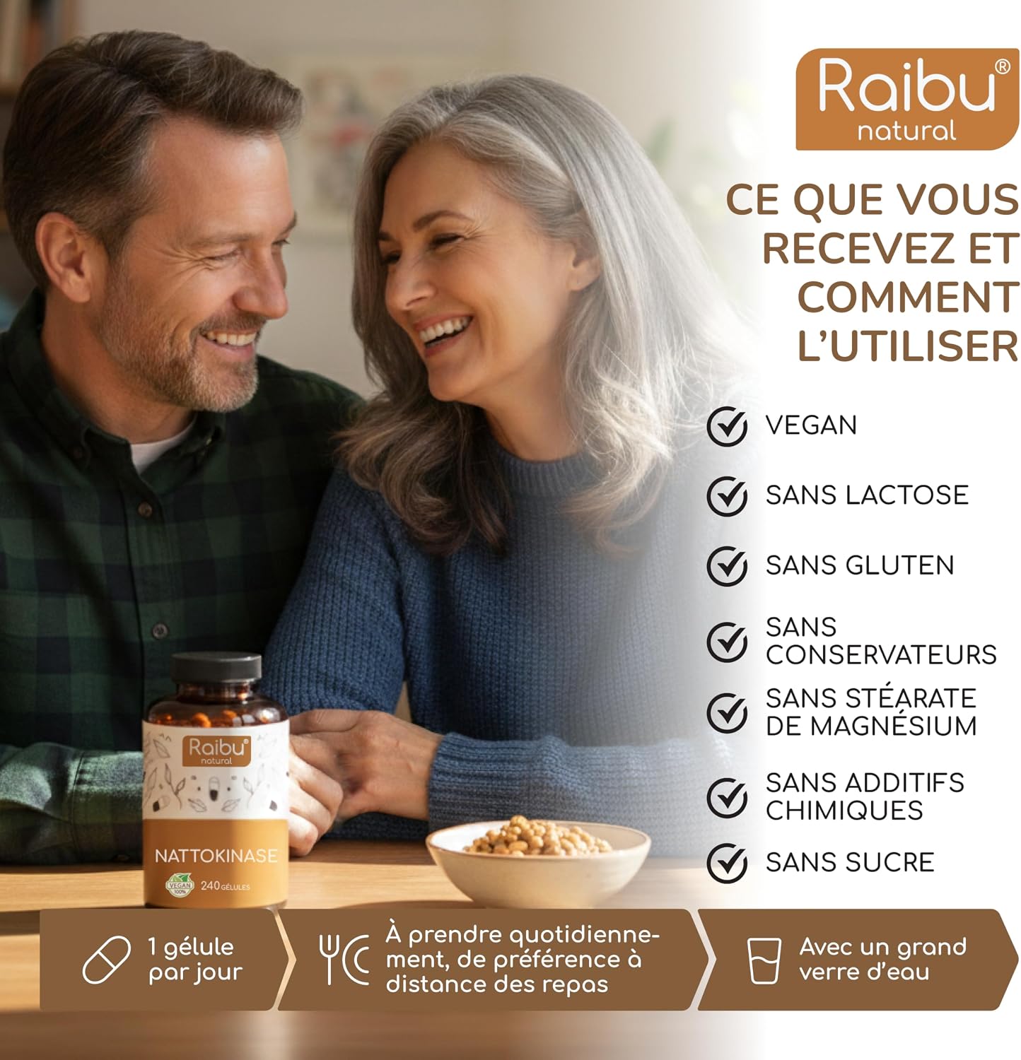 Detalle de Nattokinase 100 mg (20.000 UI/g) Hautement Dosé – 240 Gélules par Raibu I, 8 mois d’approvisionnement, Natto à base de soja, végan et sans additifs