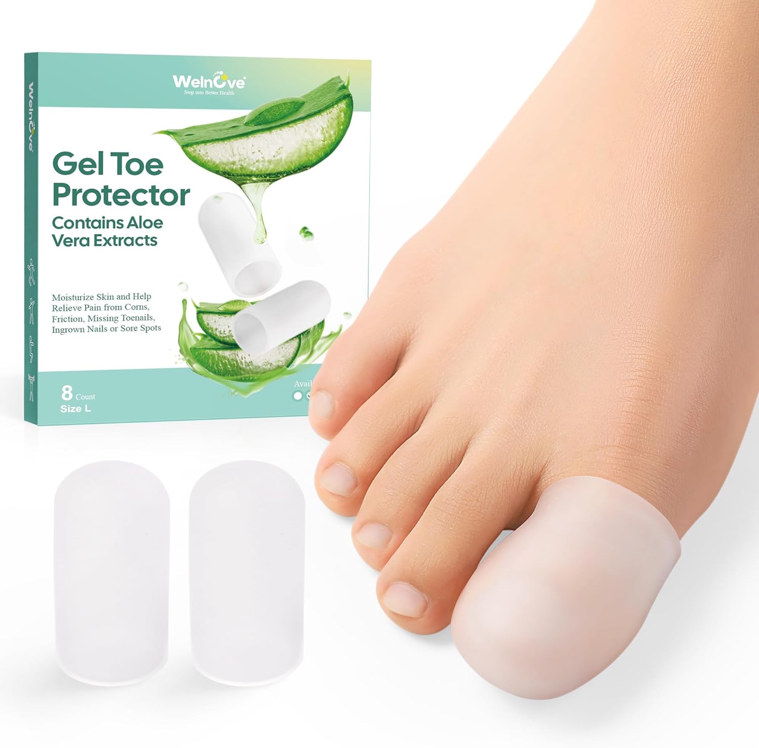 Detalle de Welnove Gel Toe Cap and Protector – Infused Silicone Toe Covers (8L, Clear)