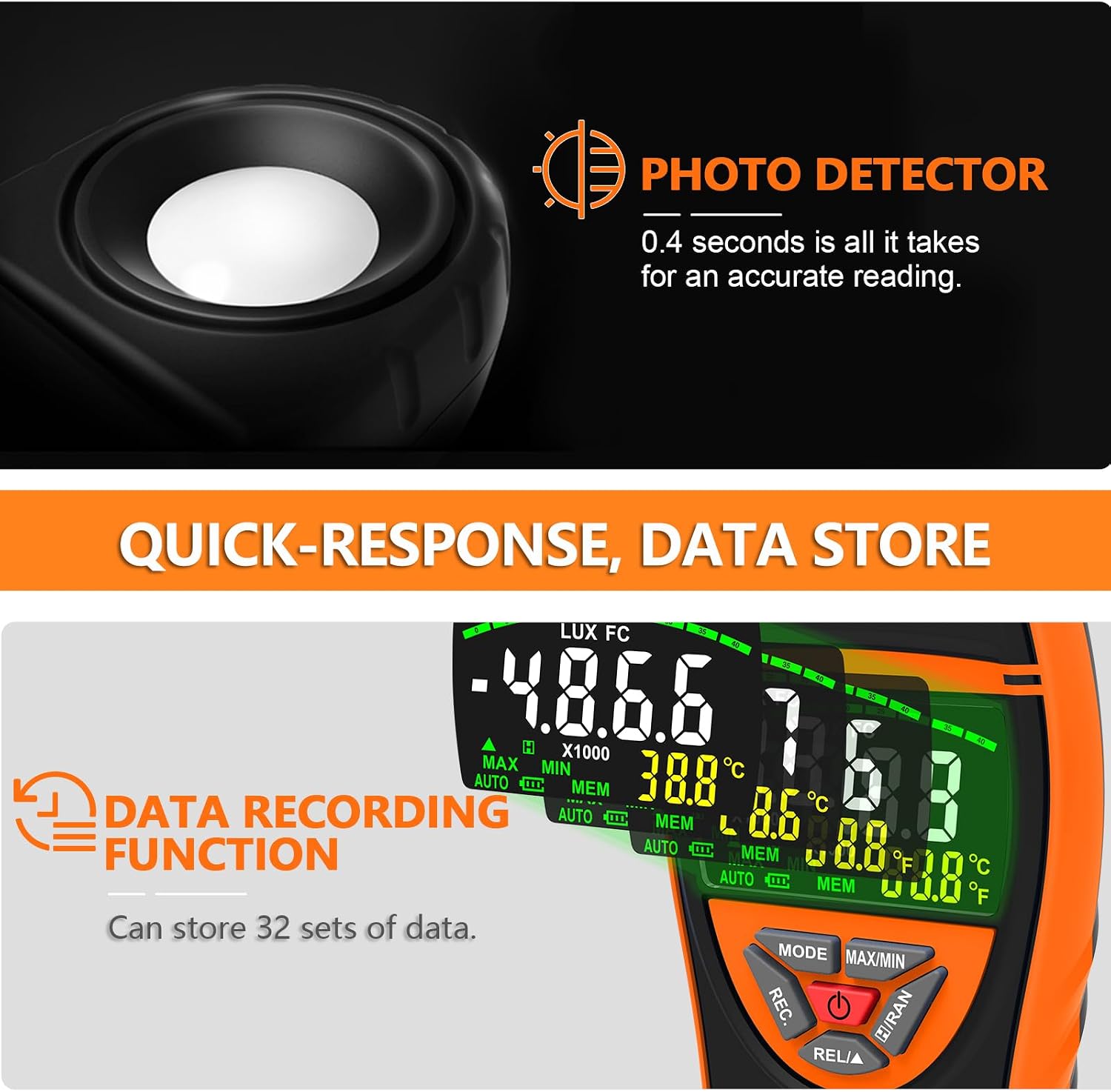 Thumbnail 5 de H HoldPeak Handheld Digital Light Meter (0.1–400,000 Lux) with 270° Rotating Sensor