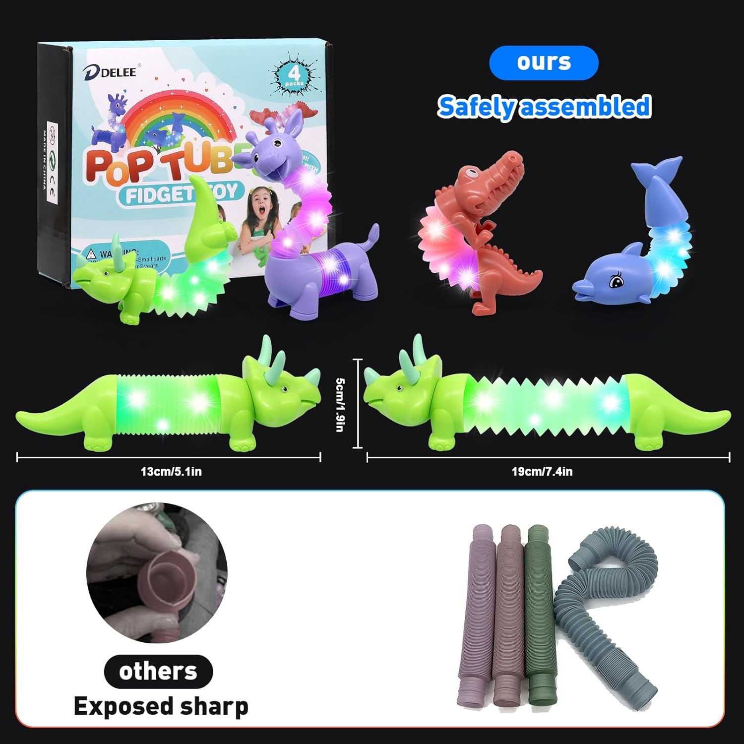Thumbnail 1 de DELEE Pop Tubes Animal Toy LED Sensory Stress Relief Tubes (4-pack)