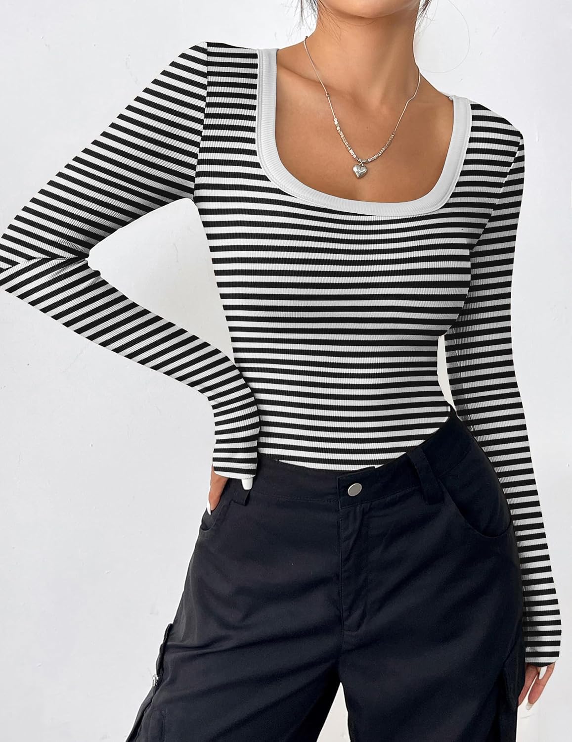 Detalle de DUOEASE Langarmshirt Damen Basic Slim Fit mit U-Ausschnitt – 92% Rayon/8% Elasthan, schlicht & elastisch