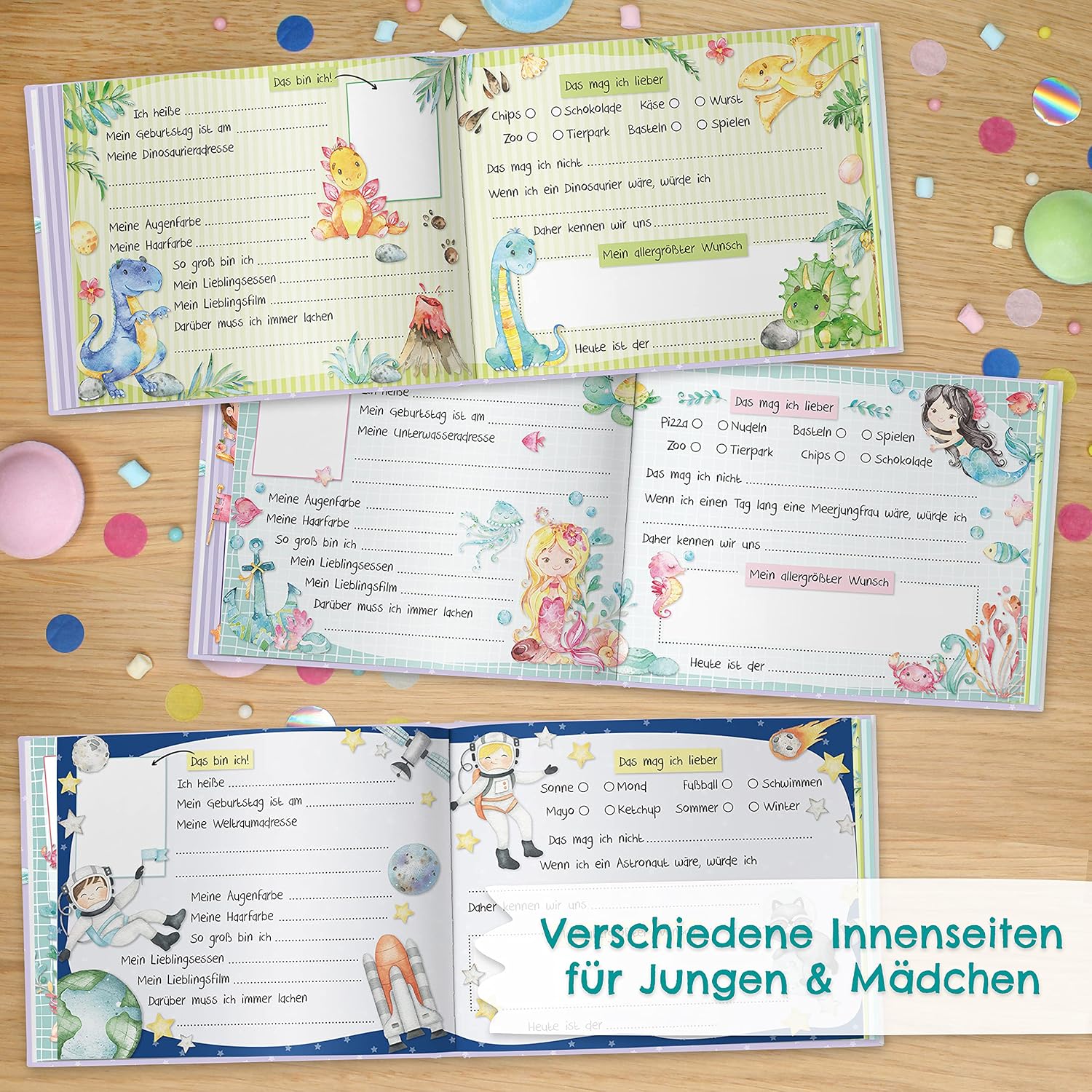 Detalle 2 de Papierdrachen Papierdrachen Freundebuch für Kinder (Grün) mit Dinos, Rittern & Astronauten – für 27 Freunde
